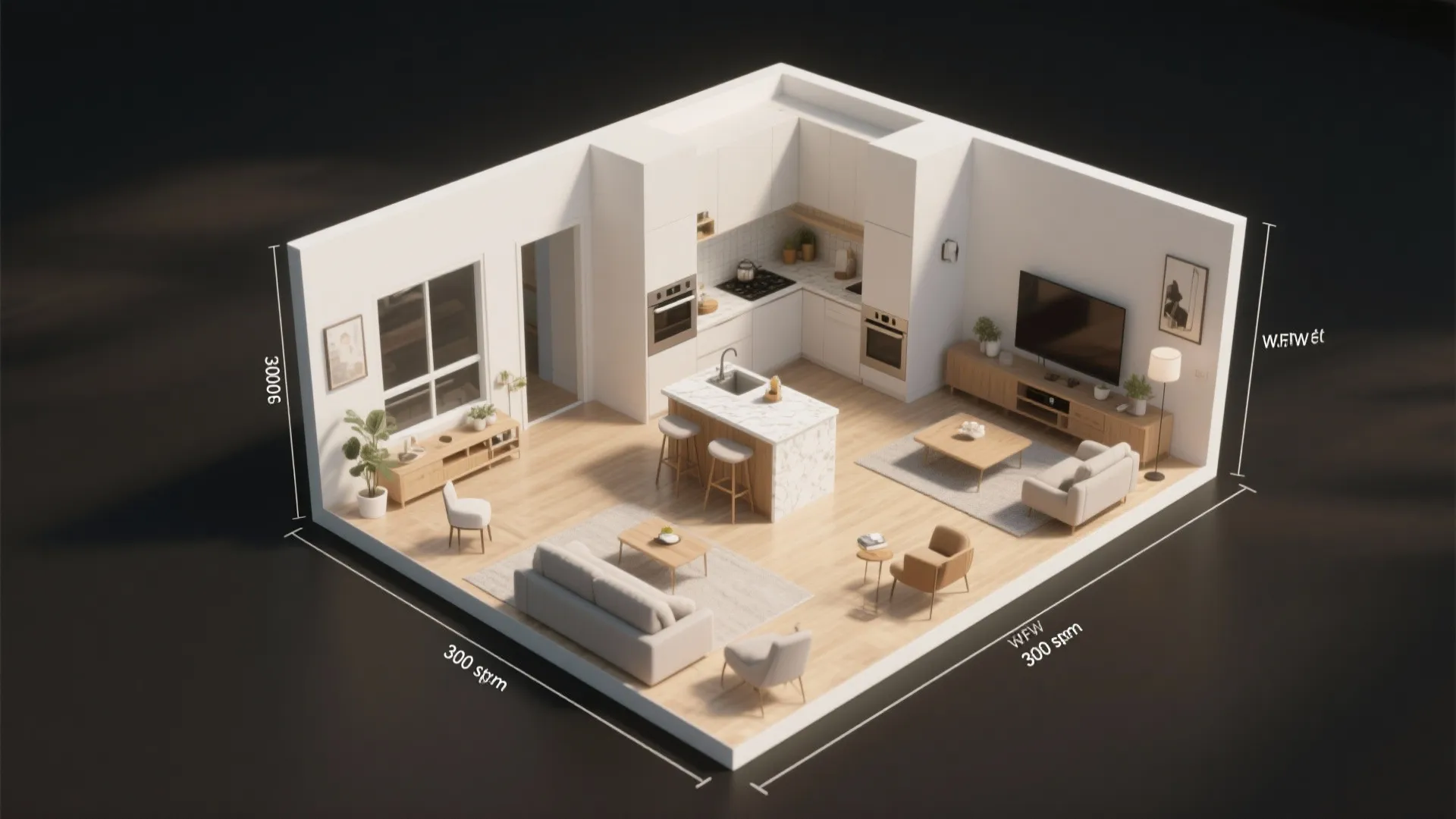 Top-down 3D floor plan of a 300 sq ft open-plan kitchen living room showing furniture placement and circulation.