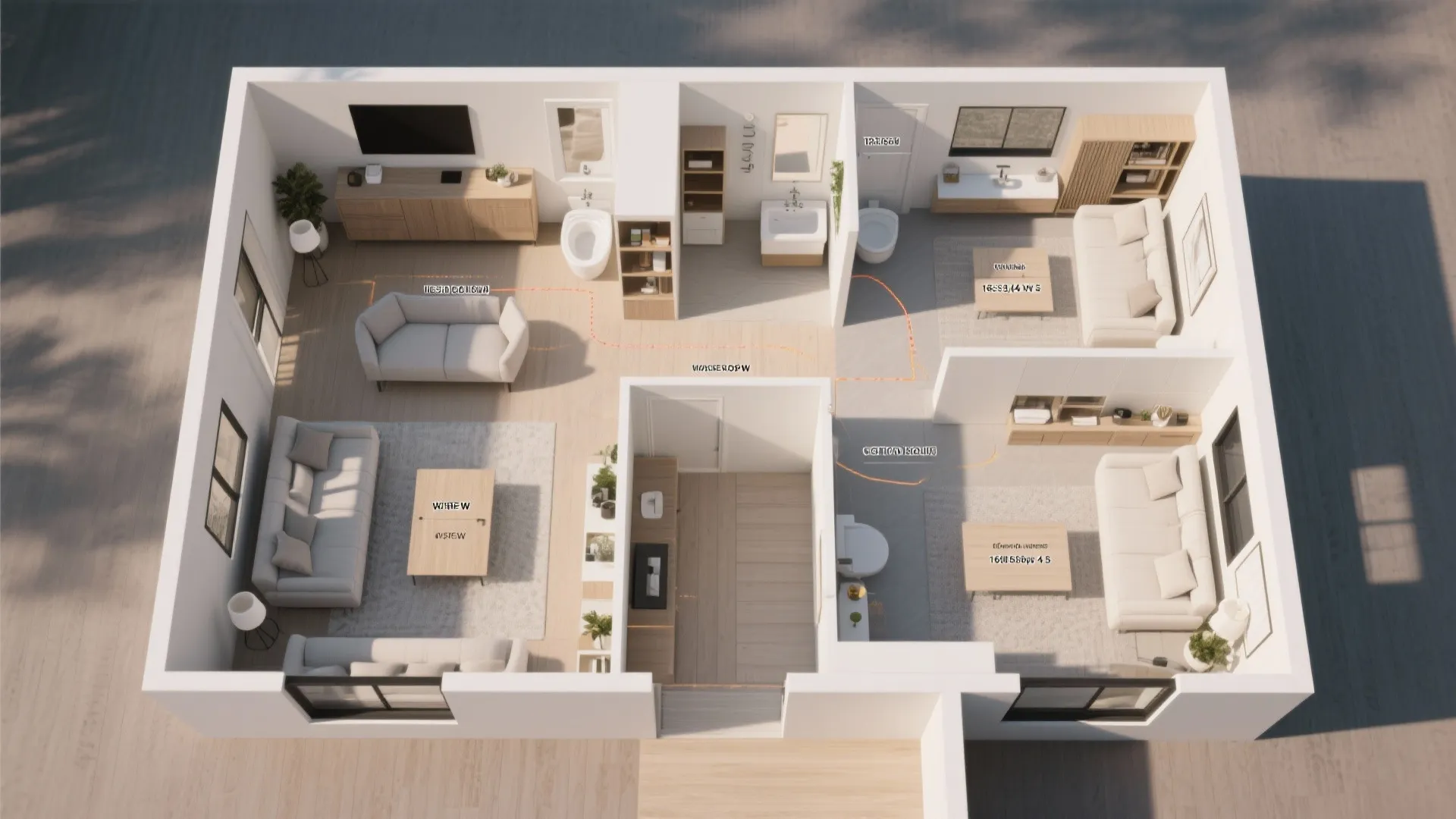 Top-down 3D floor plan mockup showing a 1600 sq ft four-bedroom layout with open-plan public spaces and built-ins.