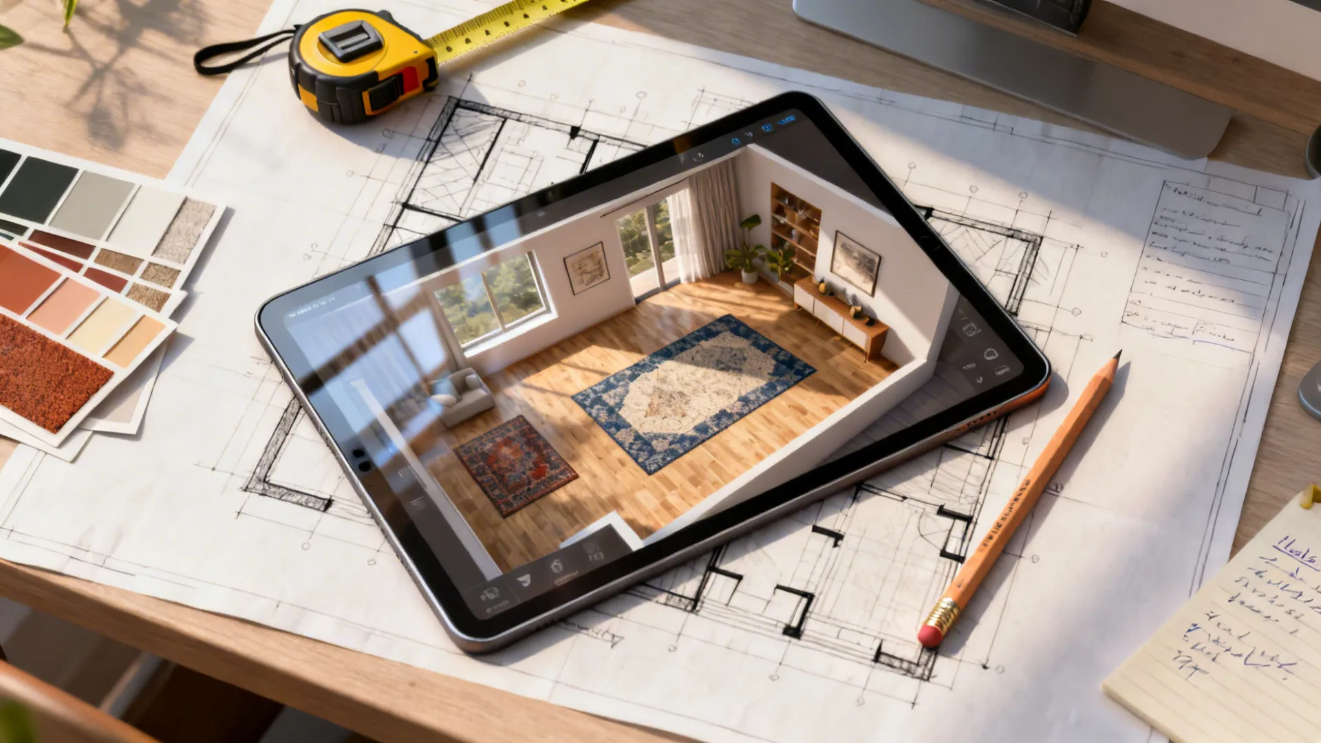 Top-down view of a desk with a tablet showing a 3D floor planner and rug samples.