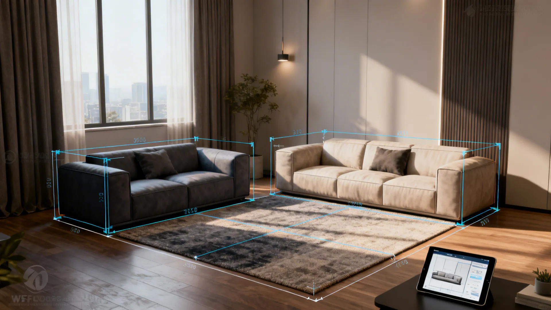 Small living room with alternate 3D furniture models and on-screen measurements
