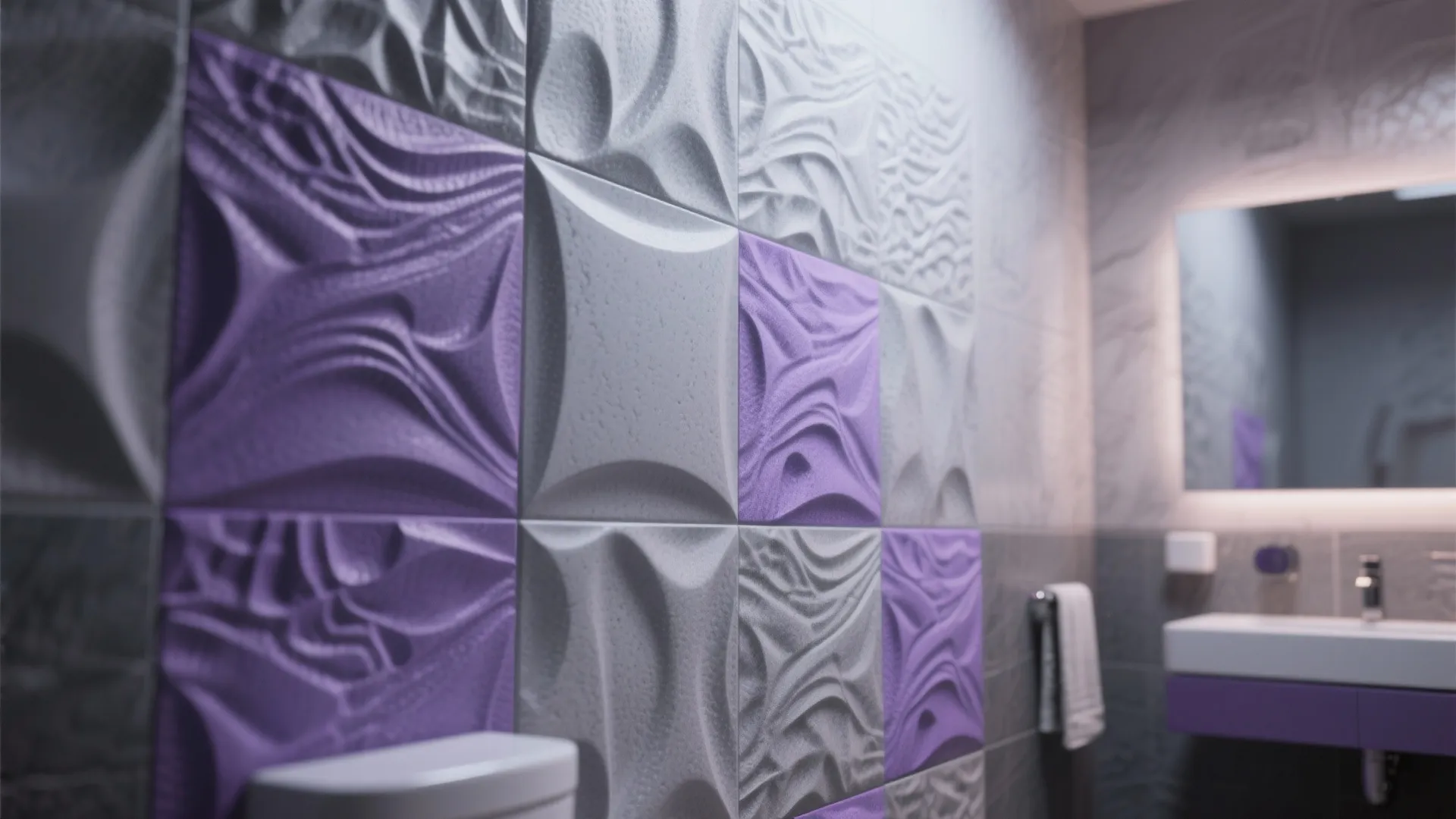 Close up of textured purple and grey 3D wall panels in a modern bathroom design setting
