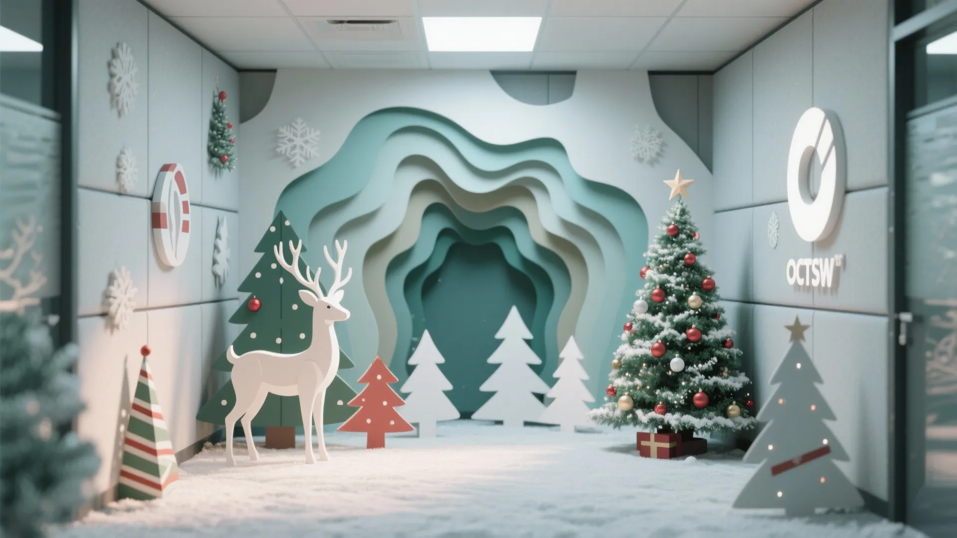 Indoor holiday display with white reindeer Christmas tree layered wall art and fake ground snow