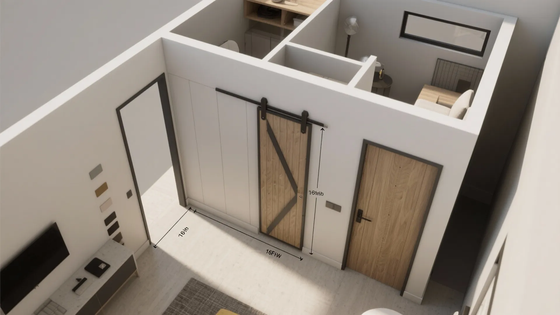 Top-down 3D mockup of a small apartment showing barn door placements and circulation paths for planning and egress.