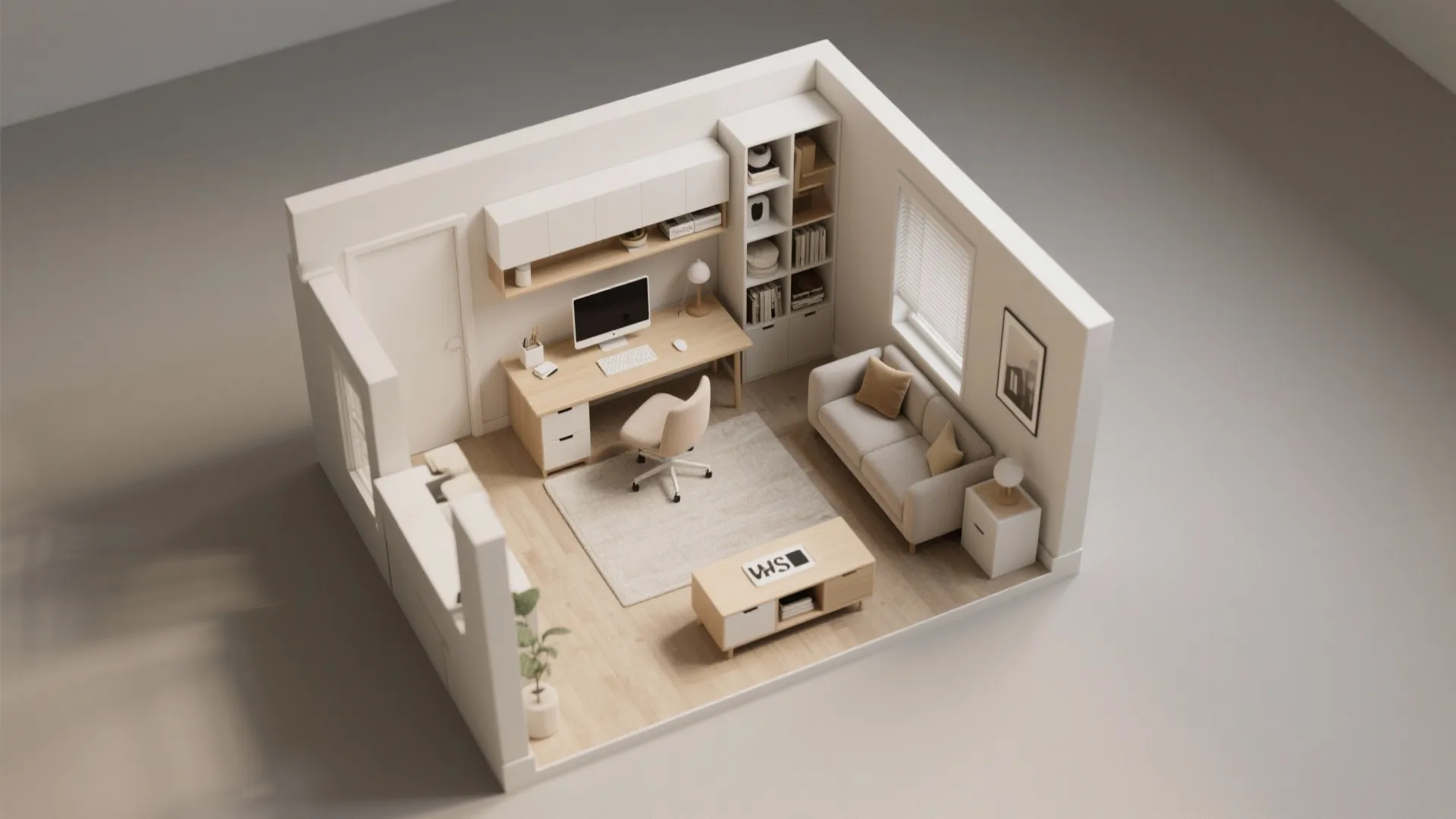 Interior design drawing showing 3D room layout with desk, sofa, rug, and white walls visualization
