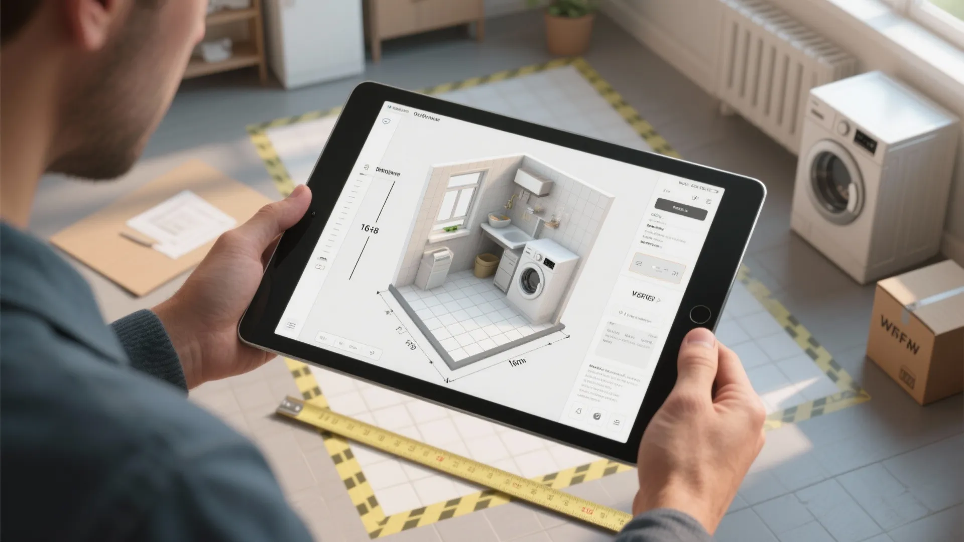 Person holding tablet showing small laundry room interior design drawing with washing machine and sink