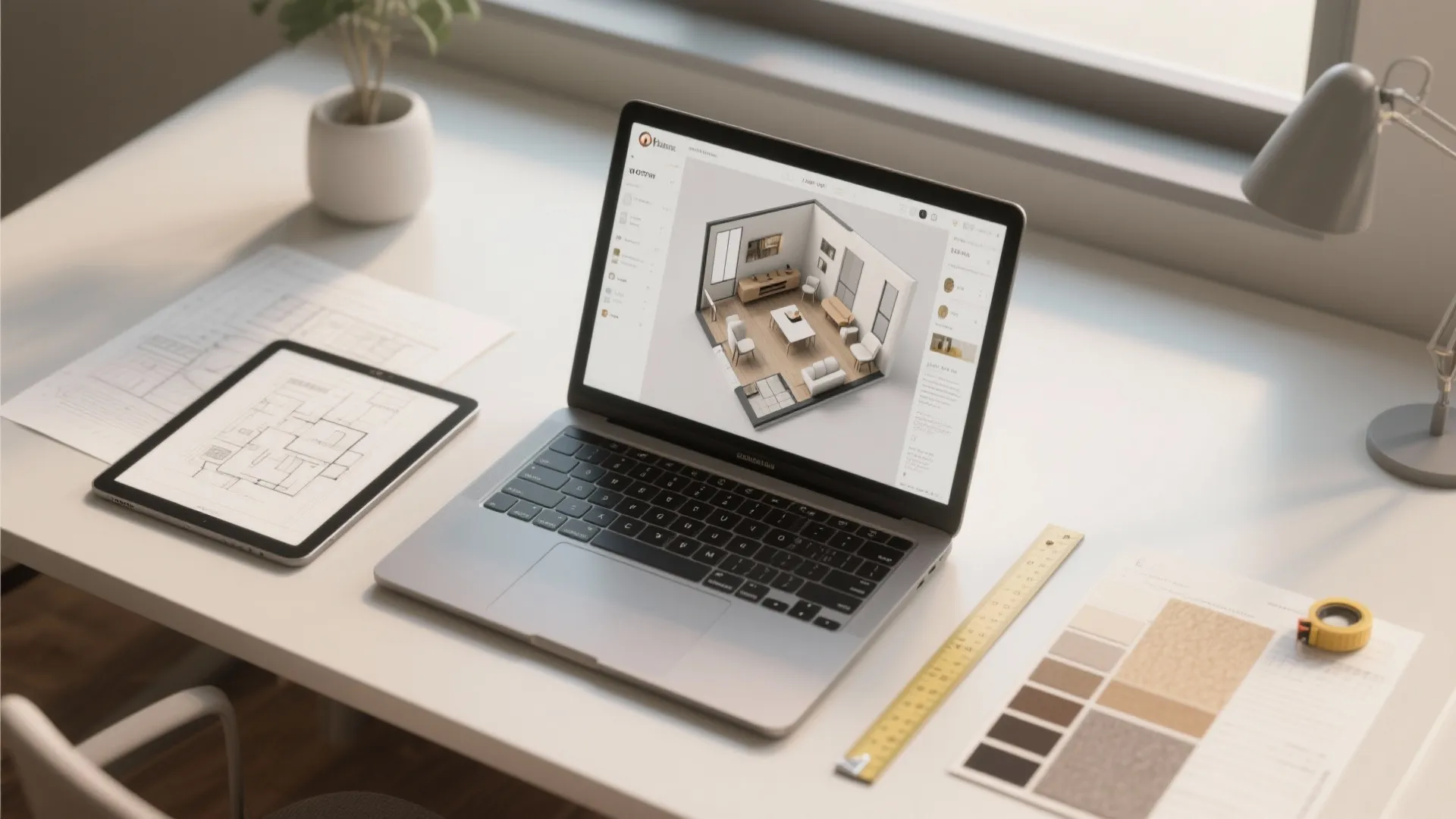 Top-down view of a 3D layout mockup on laptop and tablet with printed floorplans and material swatches.