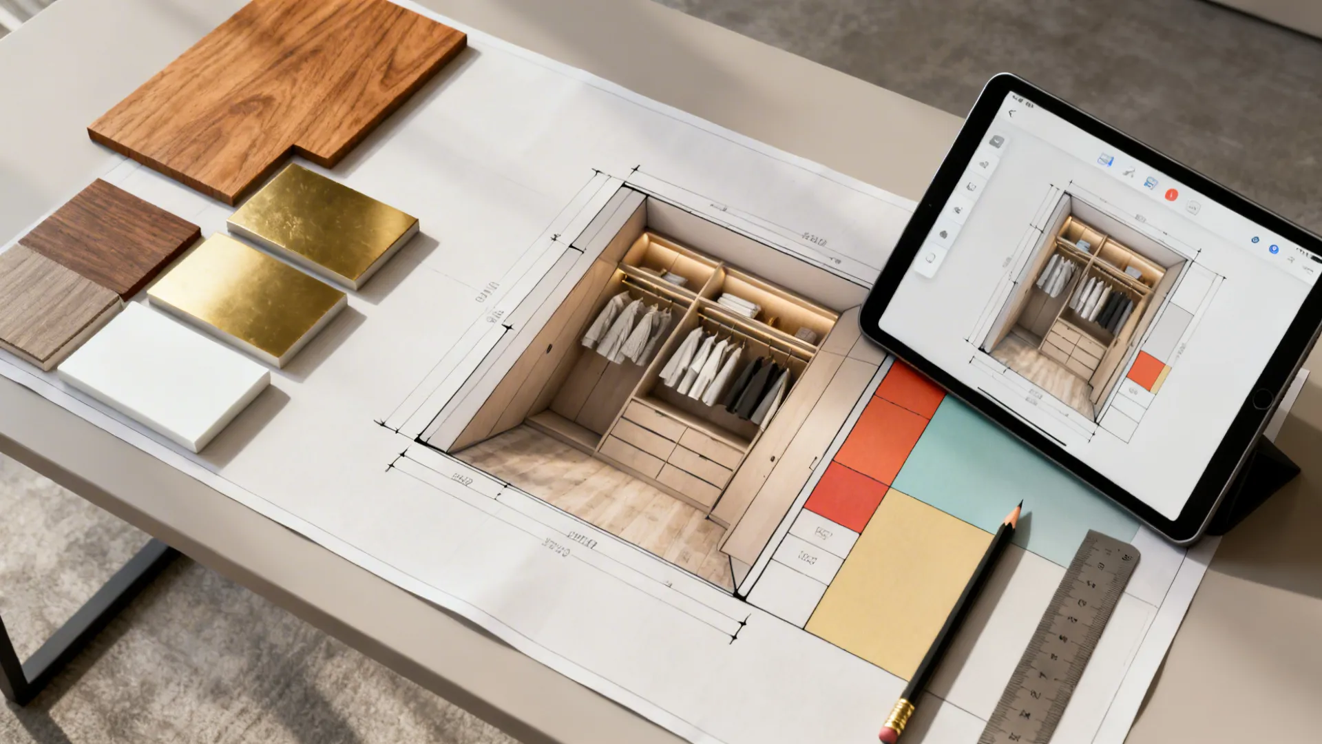 Top-down 3D layout and material swatches for planning a small walk-in closet, tablet showing floor planner.