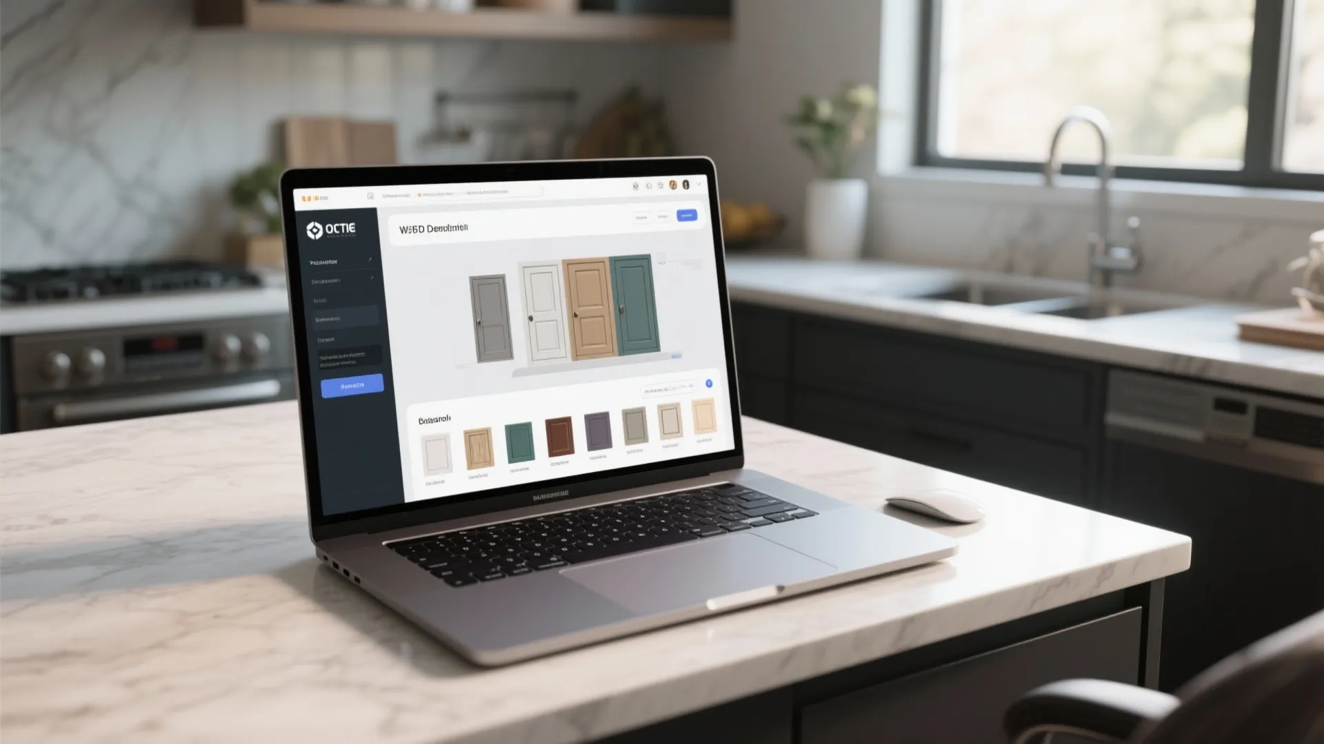 Laptop on kitchen counter showing interior design software with different colored cabinet door style options