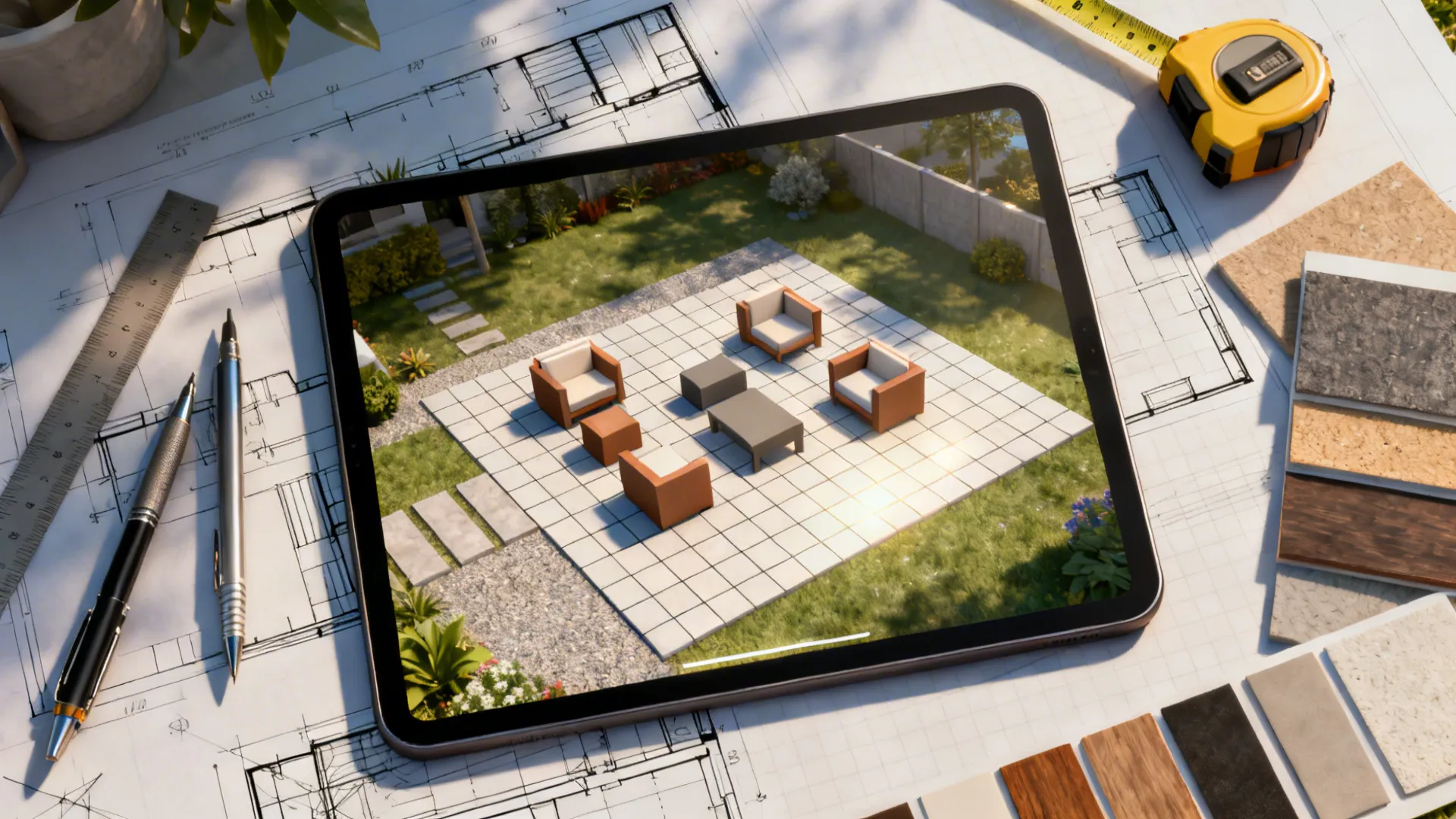 Top-down view of a tablet with a 3D patio planner and material samples on a desk