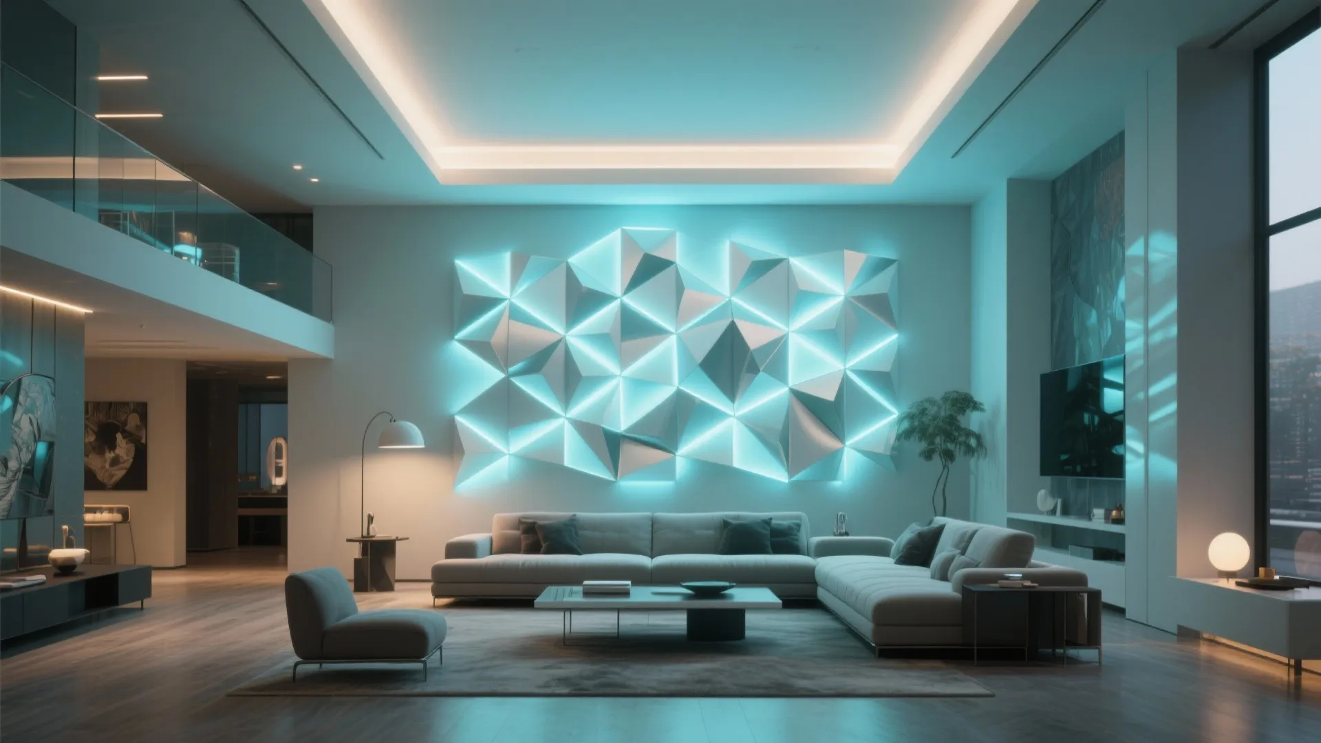 Modern living room featuring a large geometric wall light panel with blue glowing neon light effects