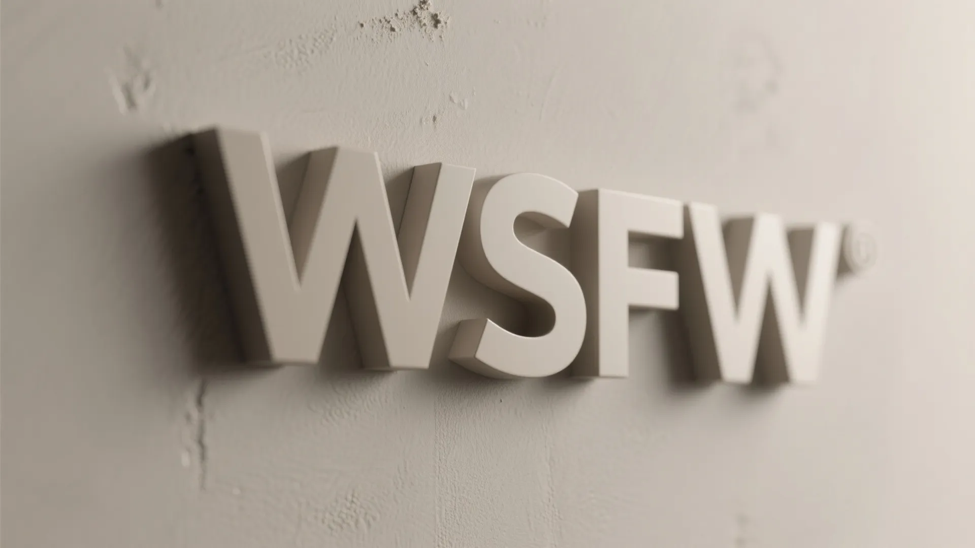 Close up view of three dimensional letters mounted on a textured light colored wall panel