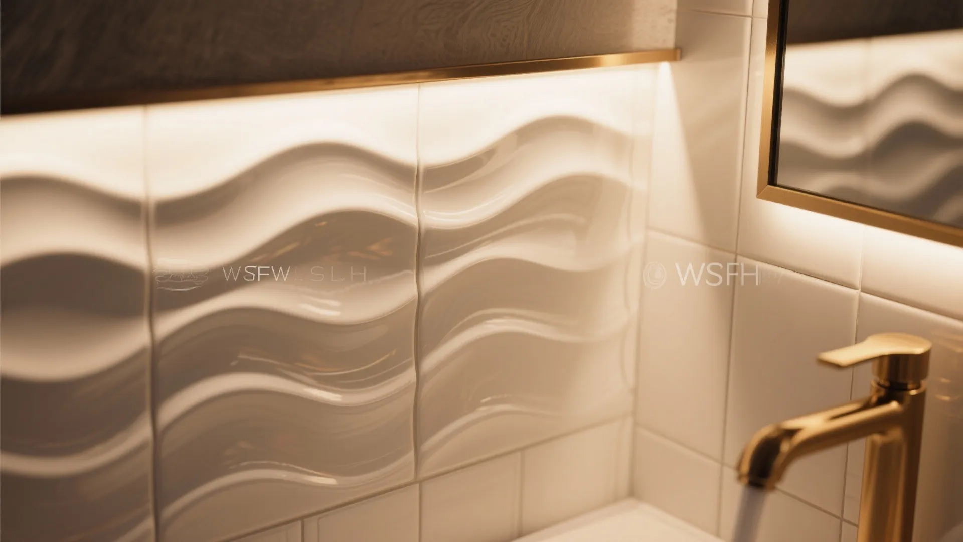 Close up of white wavy wall tiles with warm light fixture and a gold faucet