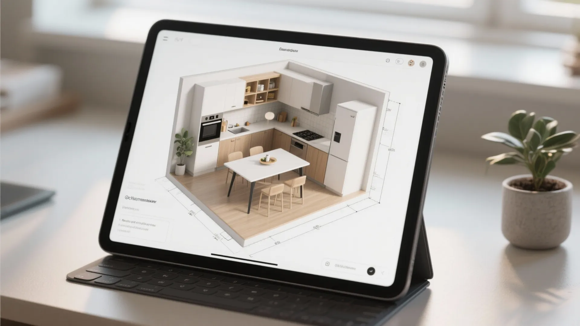 Close-up of a tablet displaying a 3D floor planner mockup of a small kitchen with an extendable table.