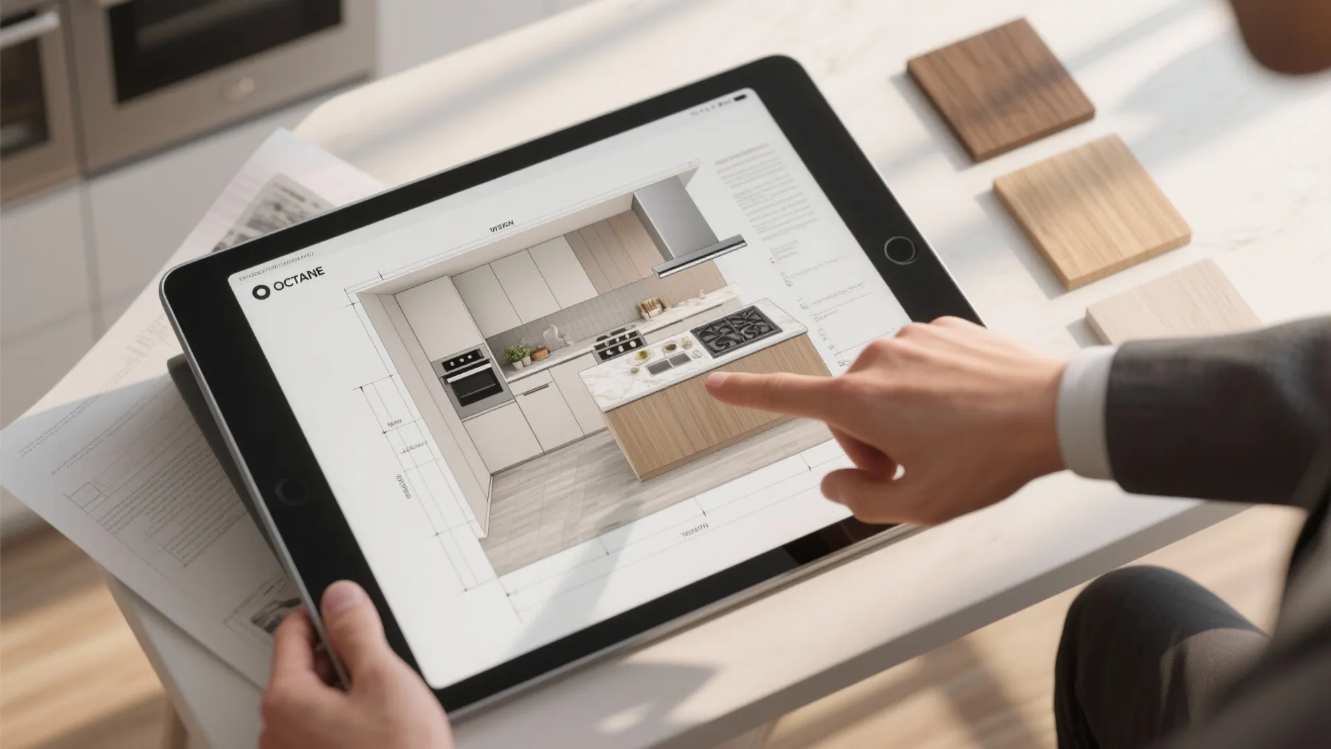 Person using a tablet to view a modern kitchen interior design drawing with wooden samples