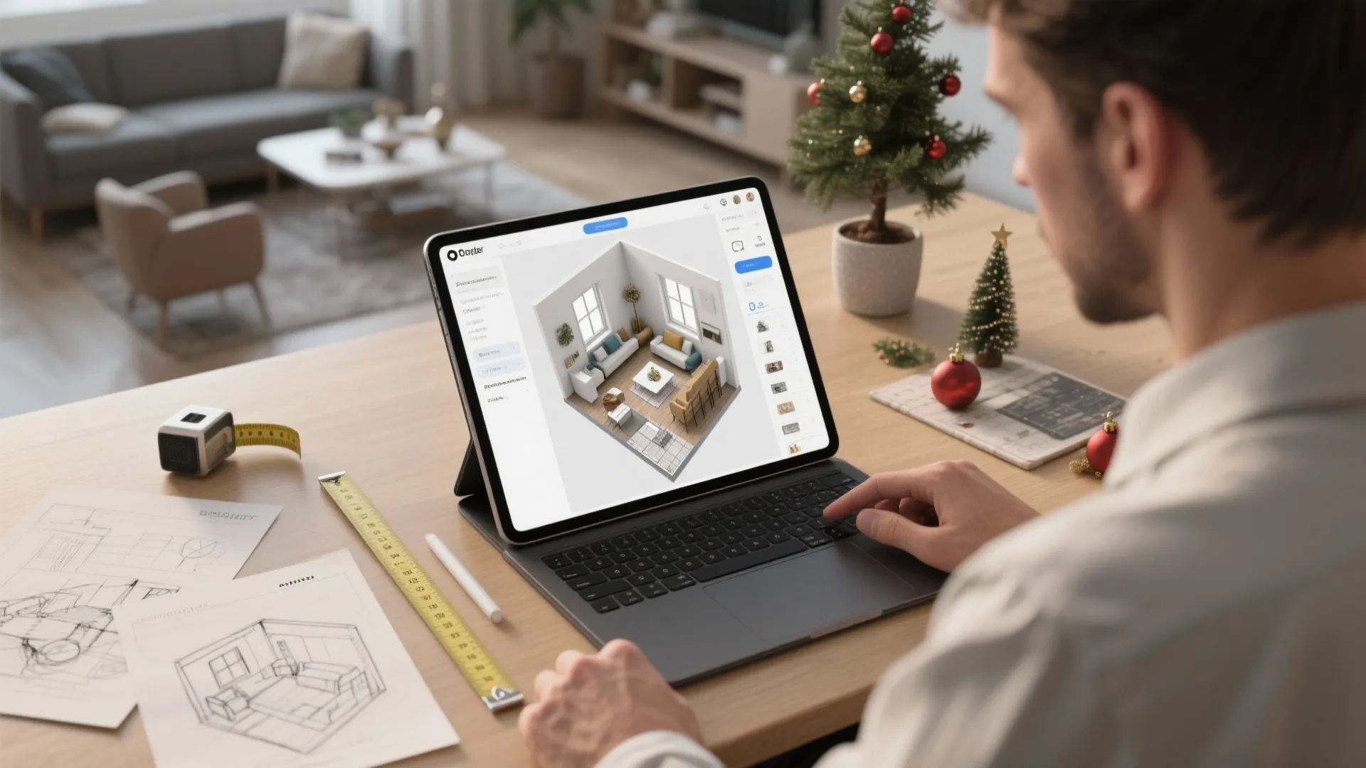 Designer using laptop to create interior design drawing of living room layout on wooden desk