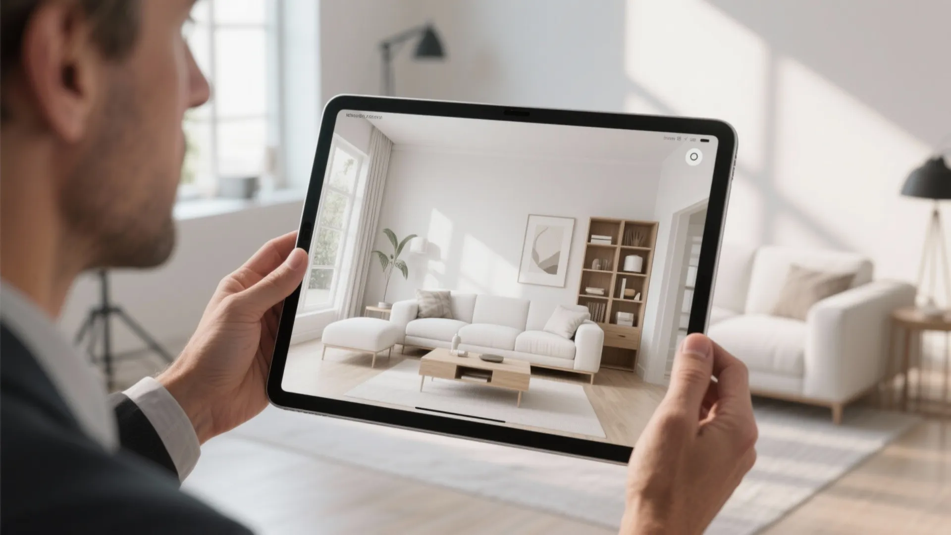 Designer showing a 3D mockup of a white living room on a tablet to visualize layout and materials.