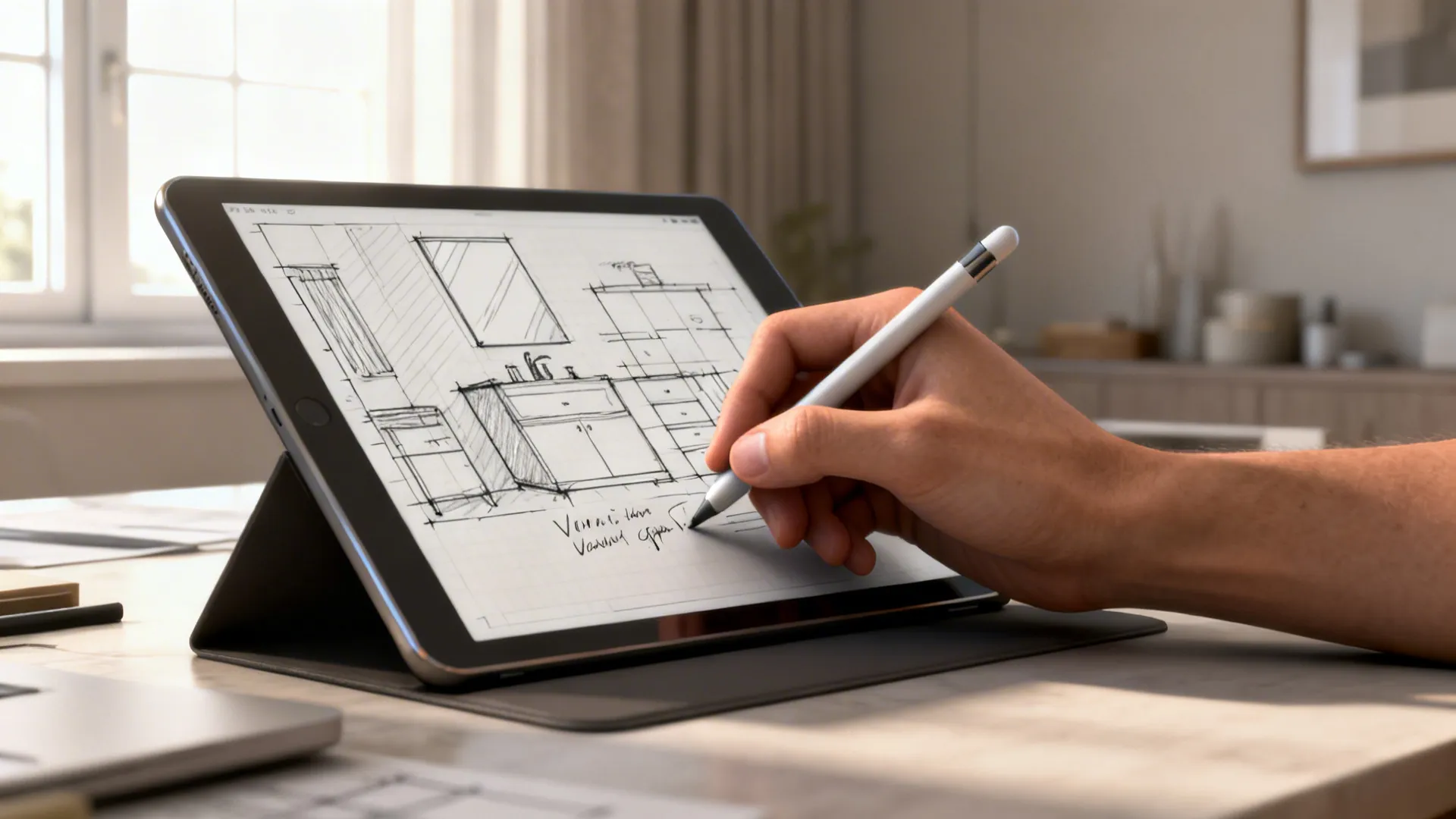 Person using a digital pen to draw a bathroom interior design drawing on a tablet