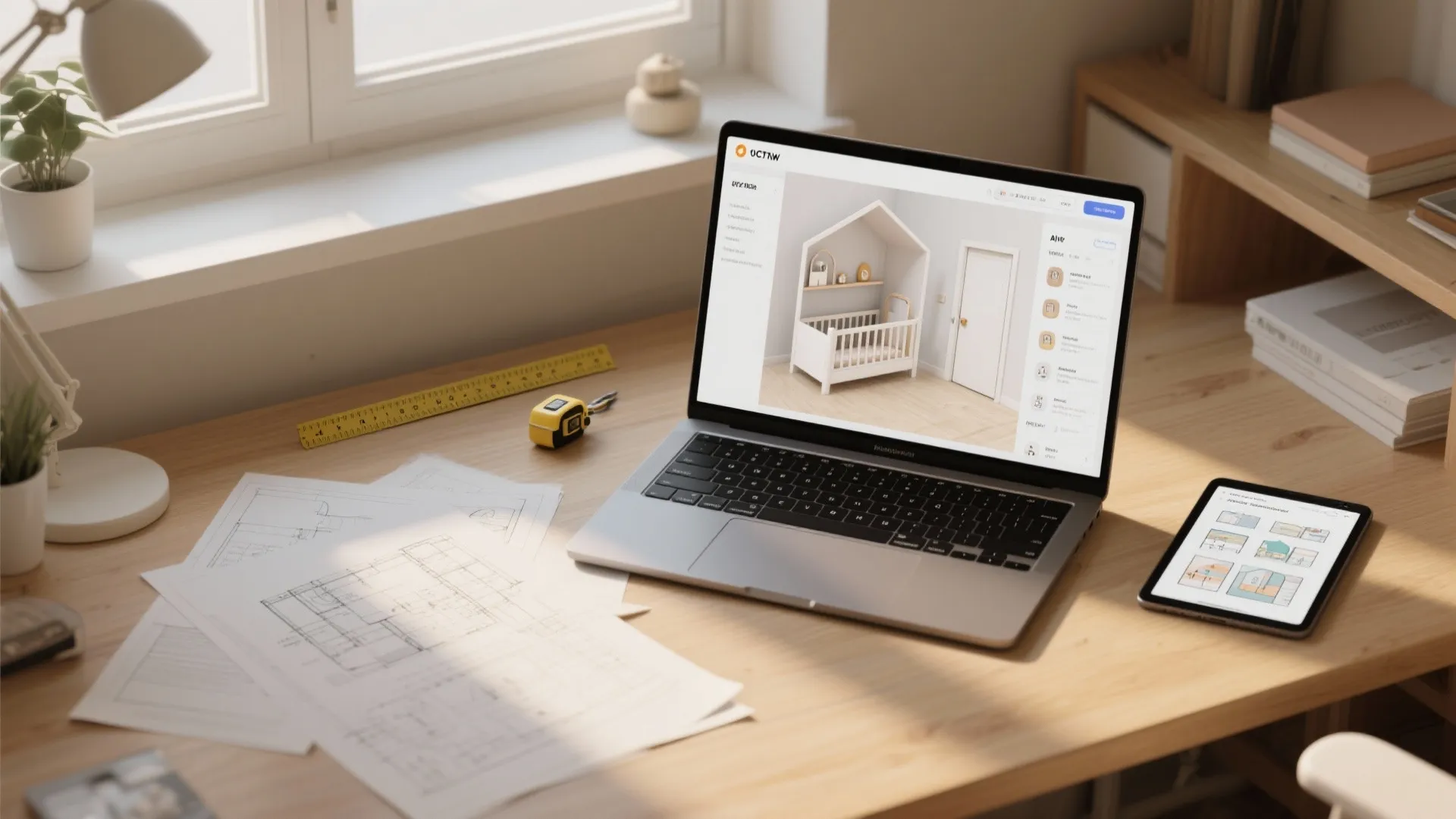 Laptop showing a baby bed design with floor plans and a measuring tape on desk
