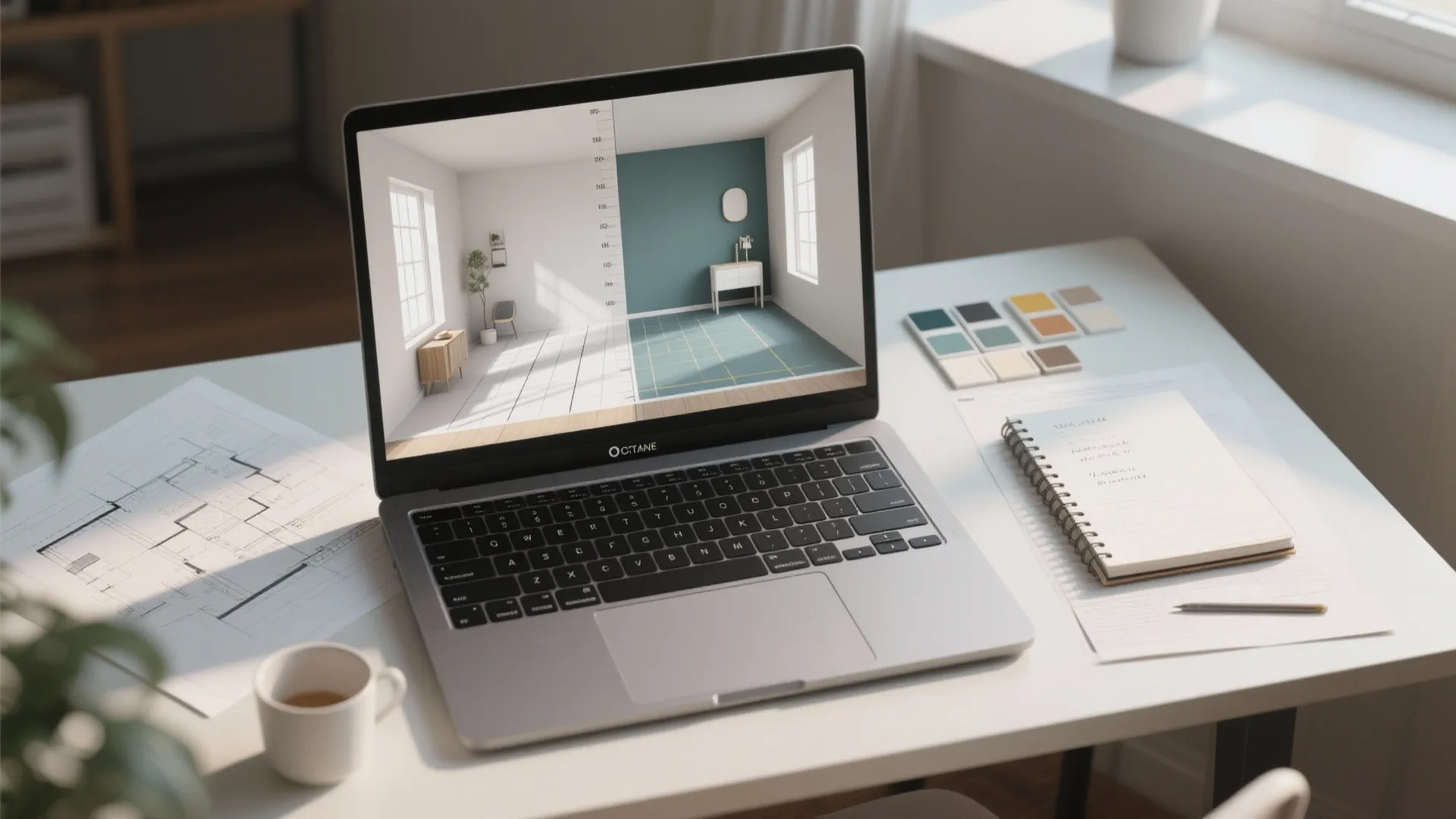Laptop showing interior design drawing software on white desk with floor plan and color samples