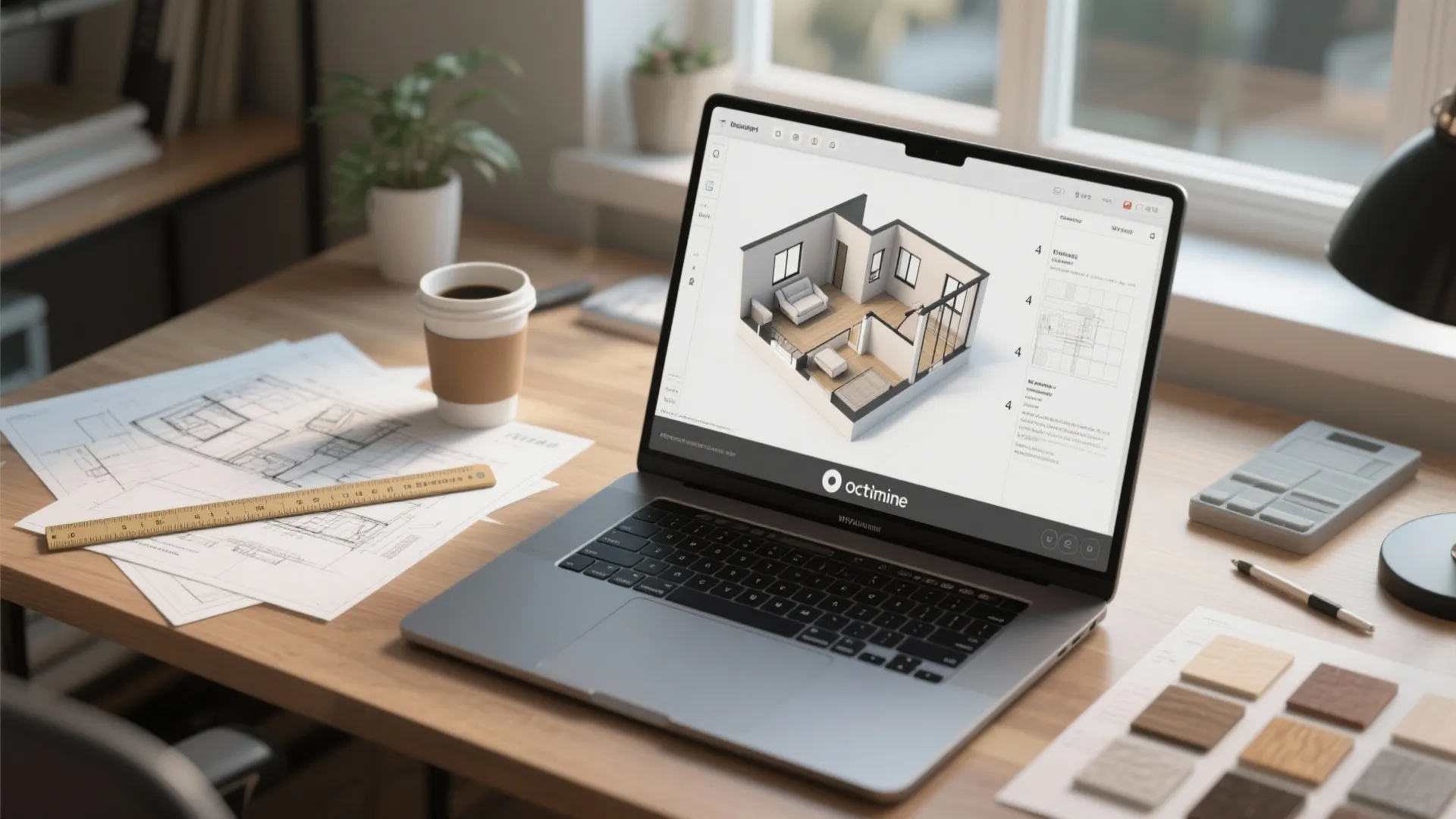 Designer desk with 3D floorplan mockup on laptop and printed plans for quick prototyping.