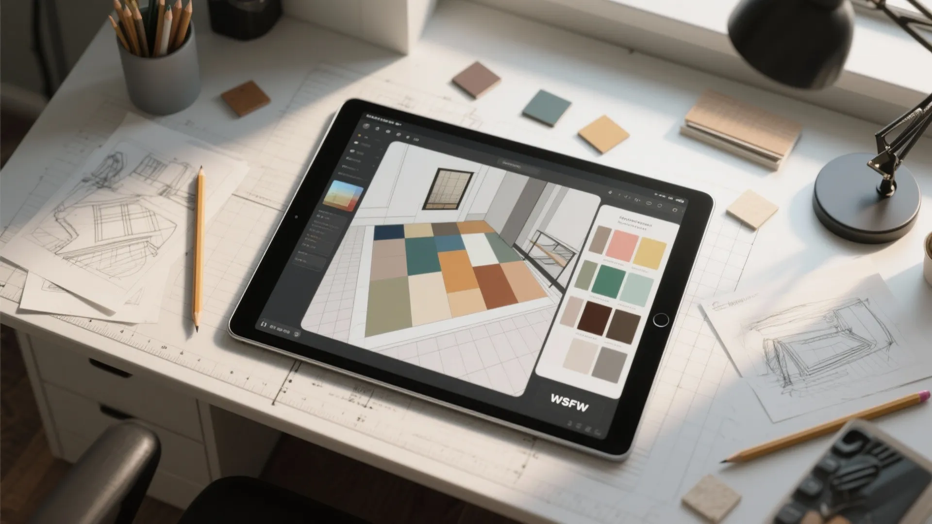Top-down view of a designer's desk with a tablet showing 3D floor colorways and material chips