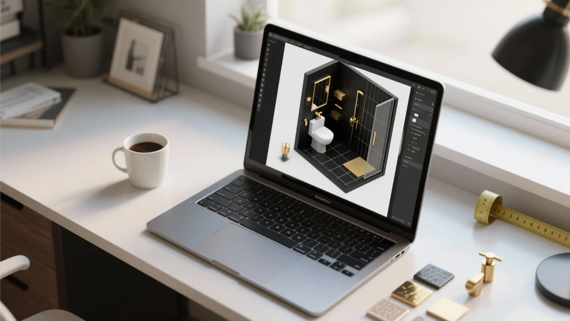 Laptop on white desk showing black bathroom interior design drawing with gold fixtures and coffee mug