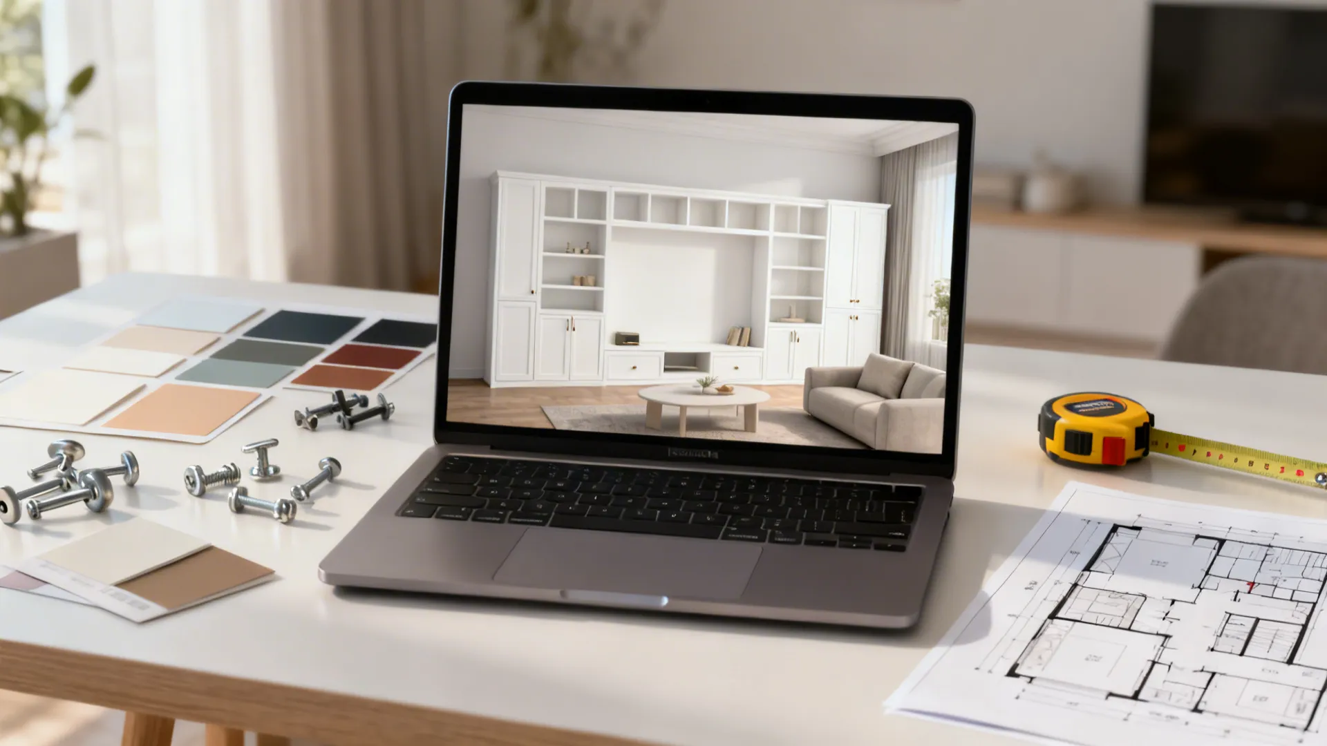 Designer desk with a laptop showing a 3D room mockup for white wall unit planning.