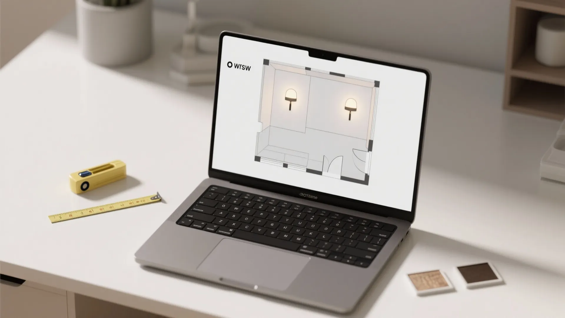 Top-down view of a laptop showing a 3D floor plan mockup for sconce placement with measuring tools.