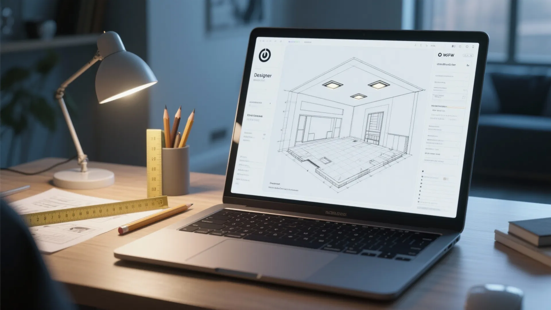 Laptop computer showing interior design drawing of a room layout with ceiling lights and furniture