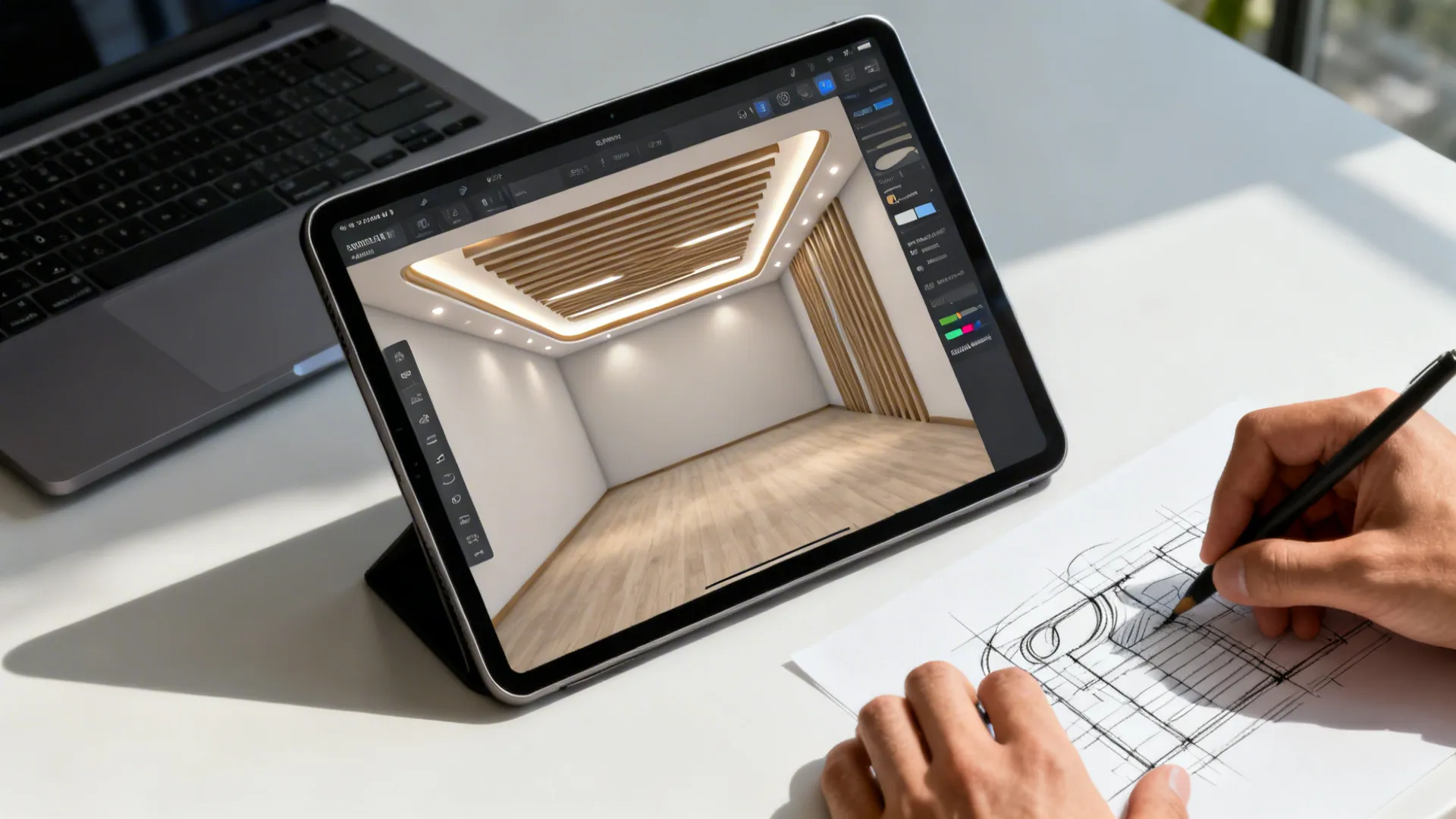 Top-down view of a 3D floor planner on a tablet showing multiple false ceiling mockups for a living room.
