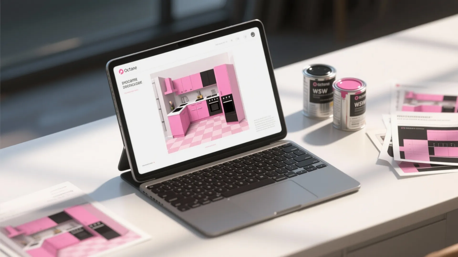 Tablet screen showing a pink and black kitchen design on a white desk with paint
