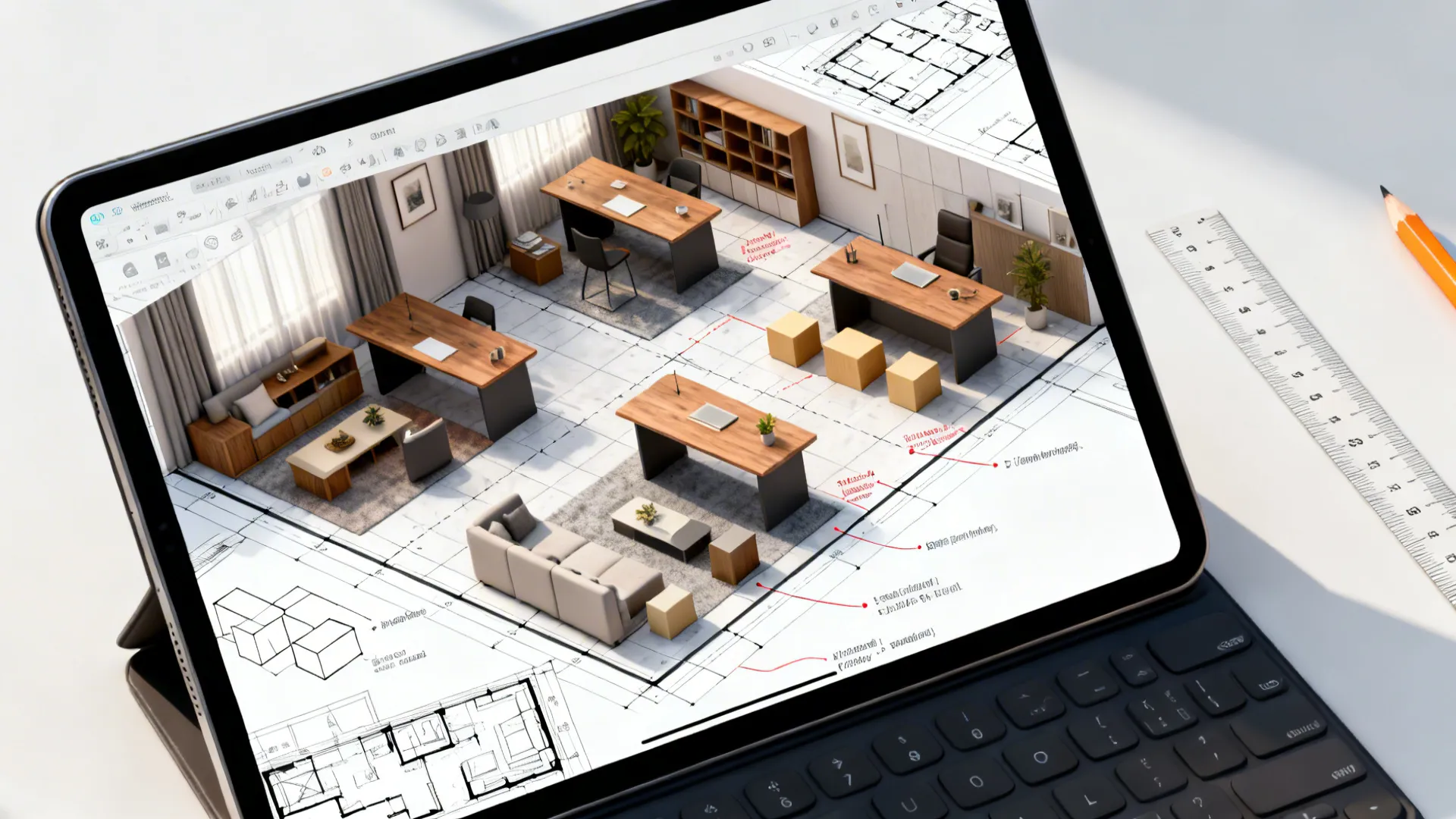 Top-down view of a tablet showing 3D floor planner mockups for desk placements.