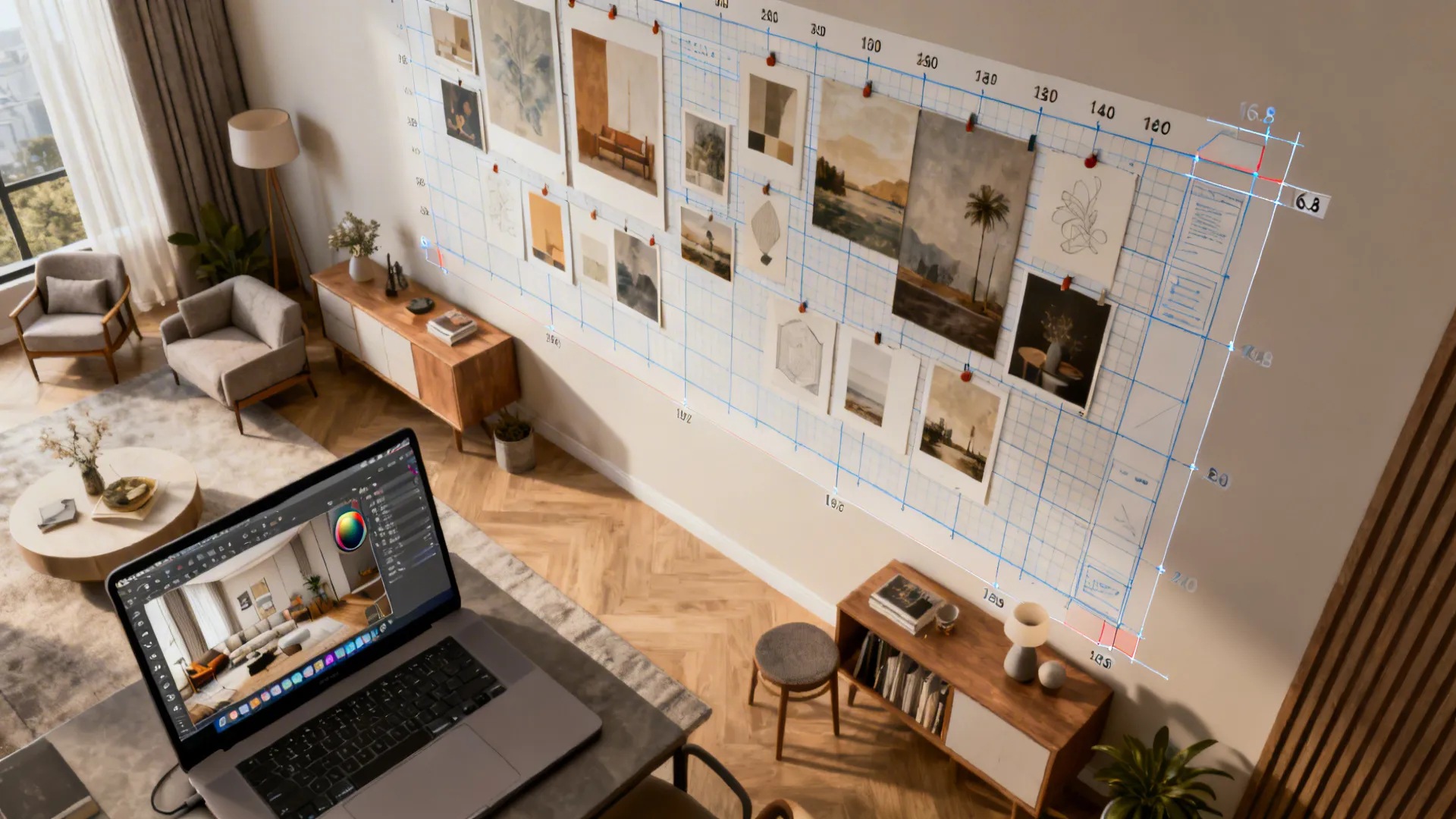 Top-down room planner mock-up showing scaled furniture and art templates for a large wall.