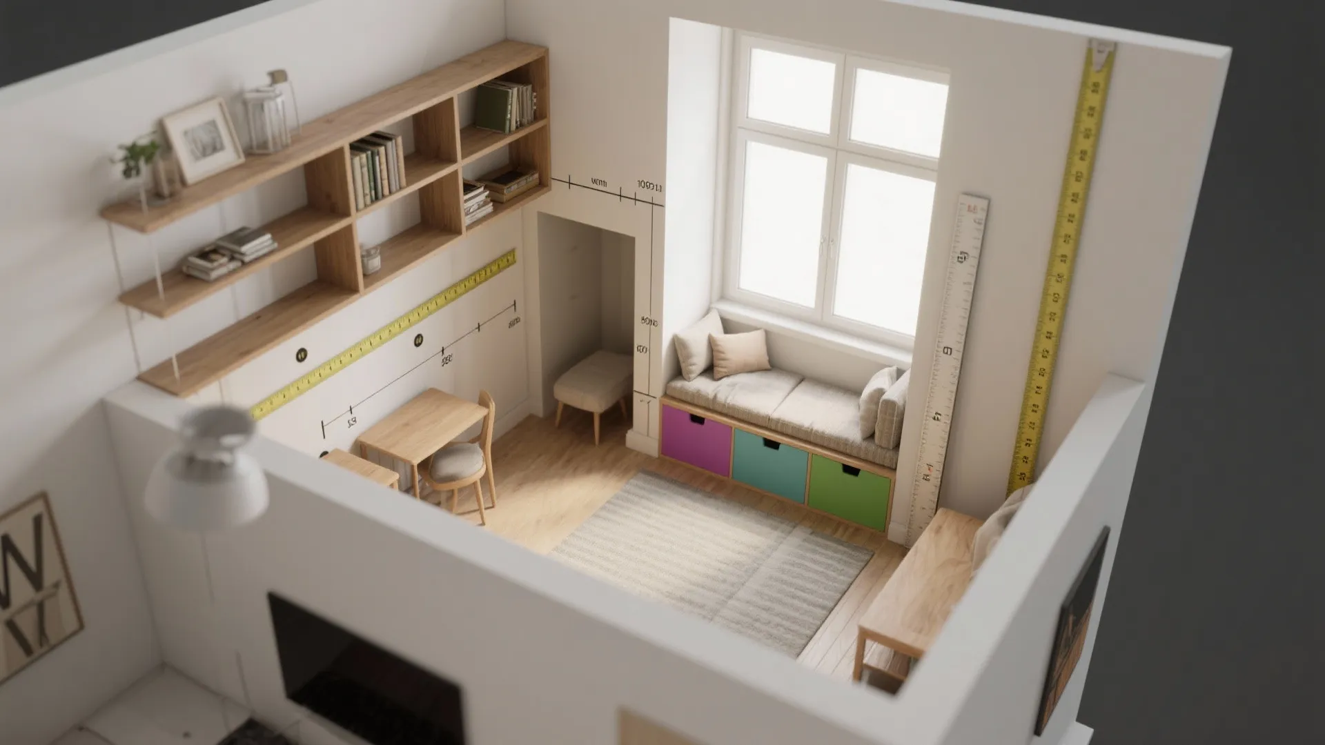 Top down interior design drawing showing small studio room layout with furniture and measurement markings clearly