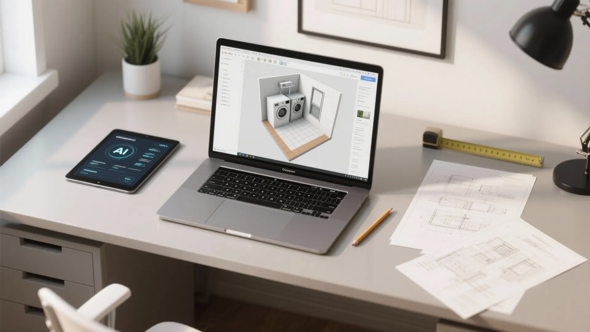 Top-down view of a laptop displaying a 3D floor mockup of a compact laundry layout with printed plans and measuring tools on the desk.