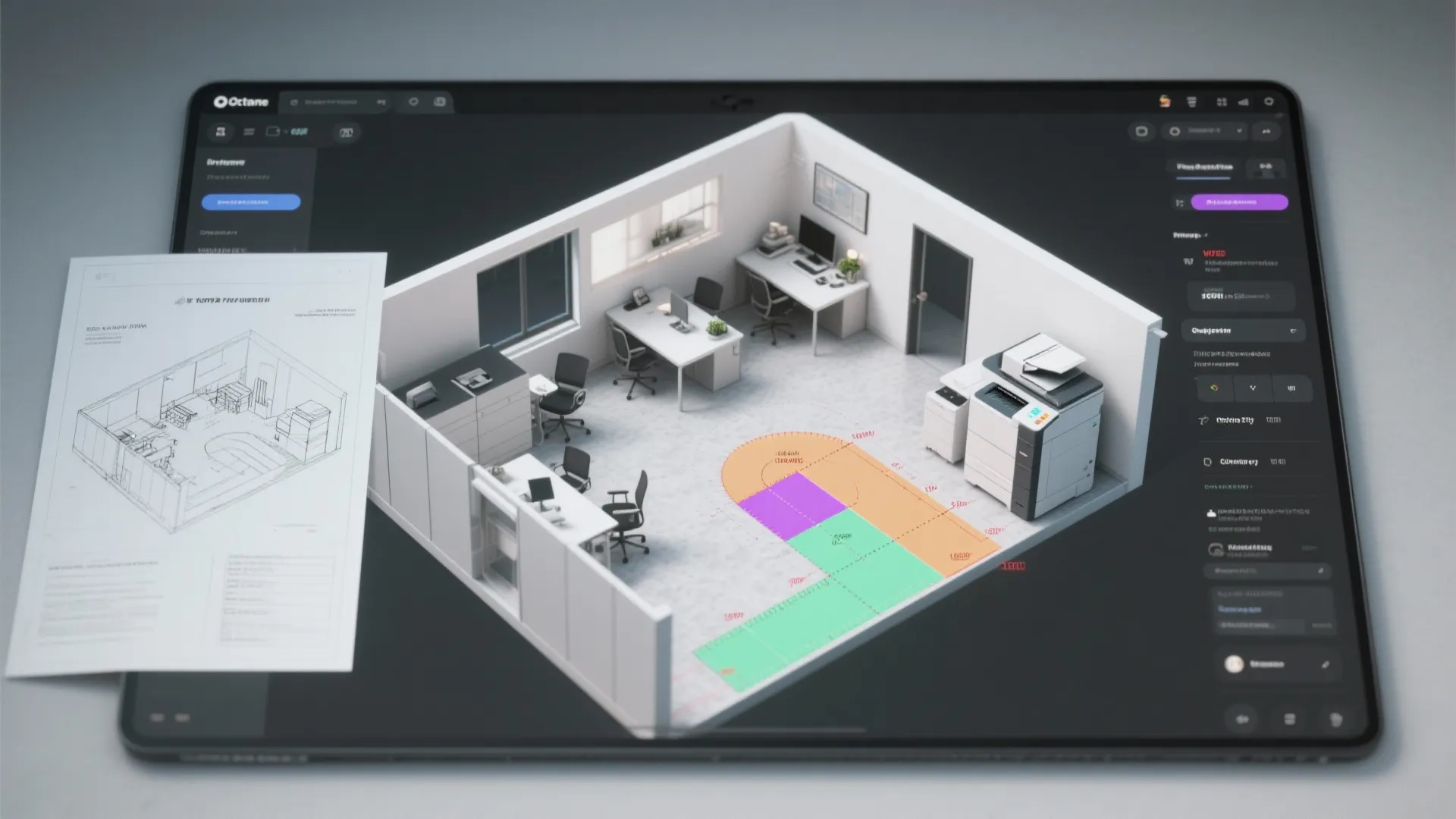 Interior design drawing on screen showing 3D office layout with desks chairs and printer machine