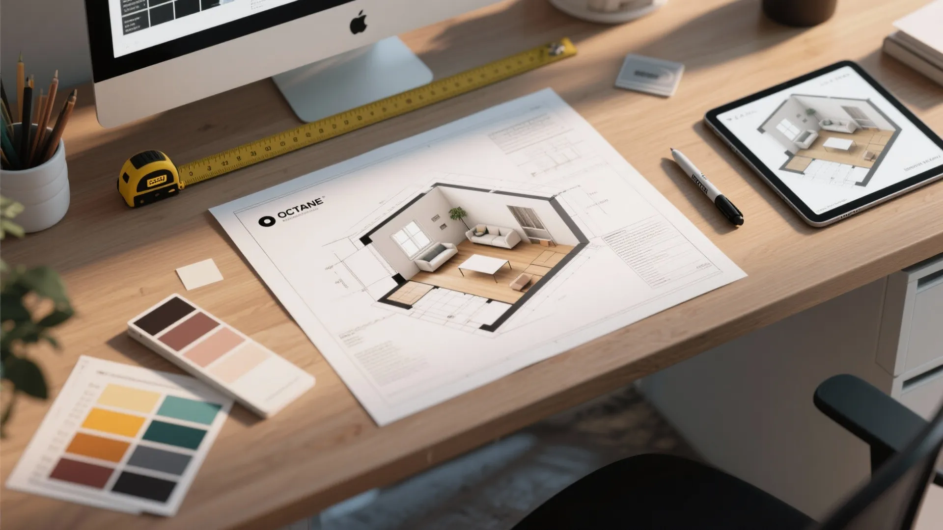 Top-down view of a mockup table with a 3D floorplan print and tablet showing a room render for visualizing ceiling color.