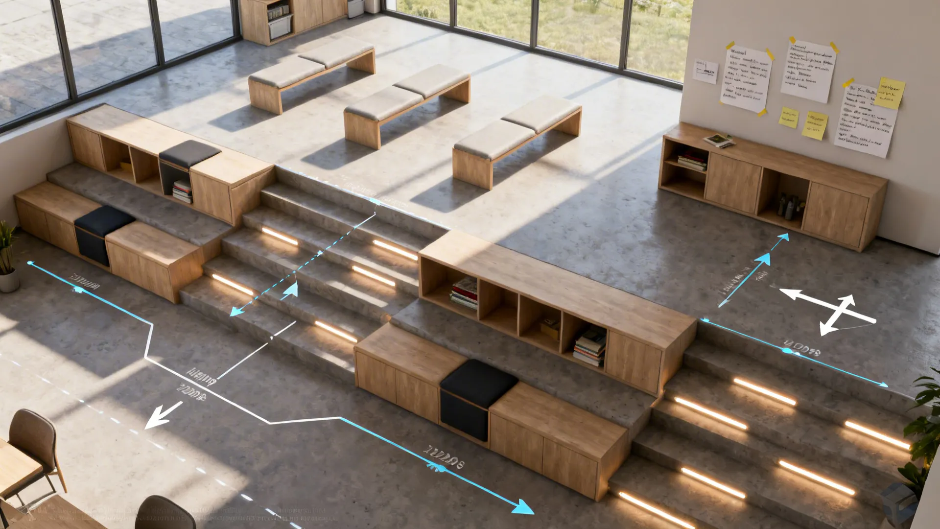 Top-down 3D mockup of a split-level room showing furniture placement, sightlines and LED step lighting.