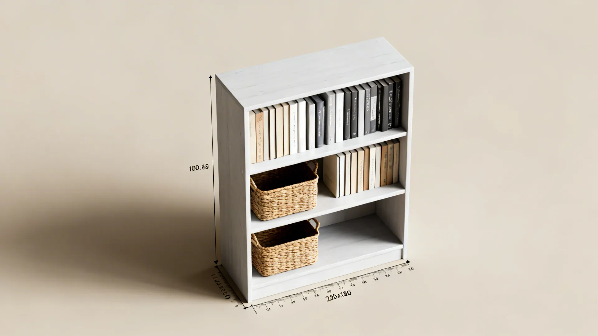 Top-down 3D visualizer mockup of bookshelf layout showing scale and spacing.