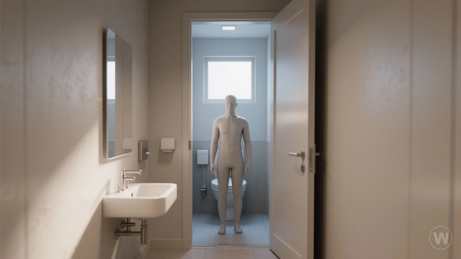 Wide-angle 3D mockup view of a tiny toilet showing scale, sightlines, and floating fixtures for visualization.