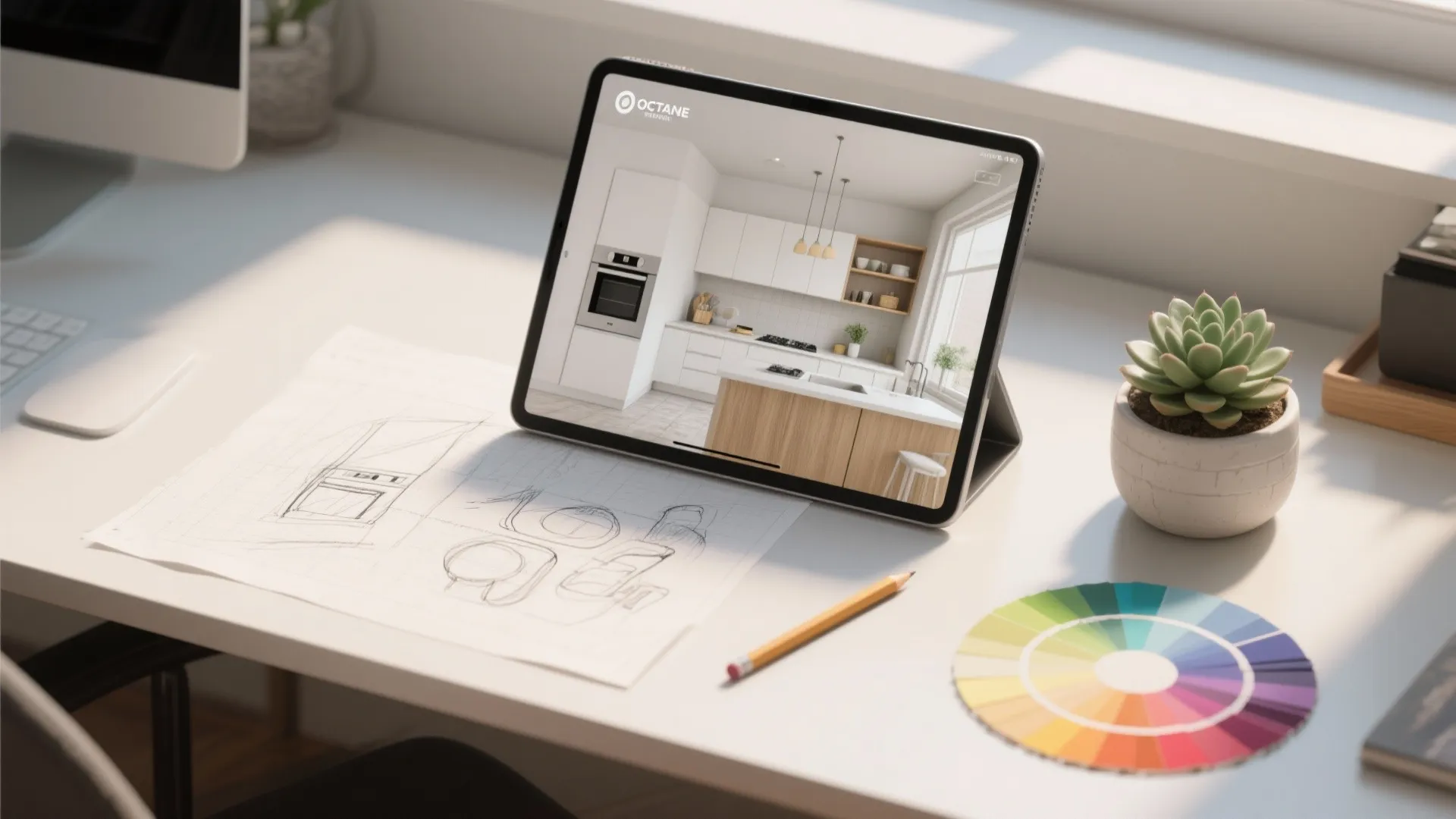 Tablet showing kitchen interior design drawing on white desk with sketches pencil and color wheel