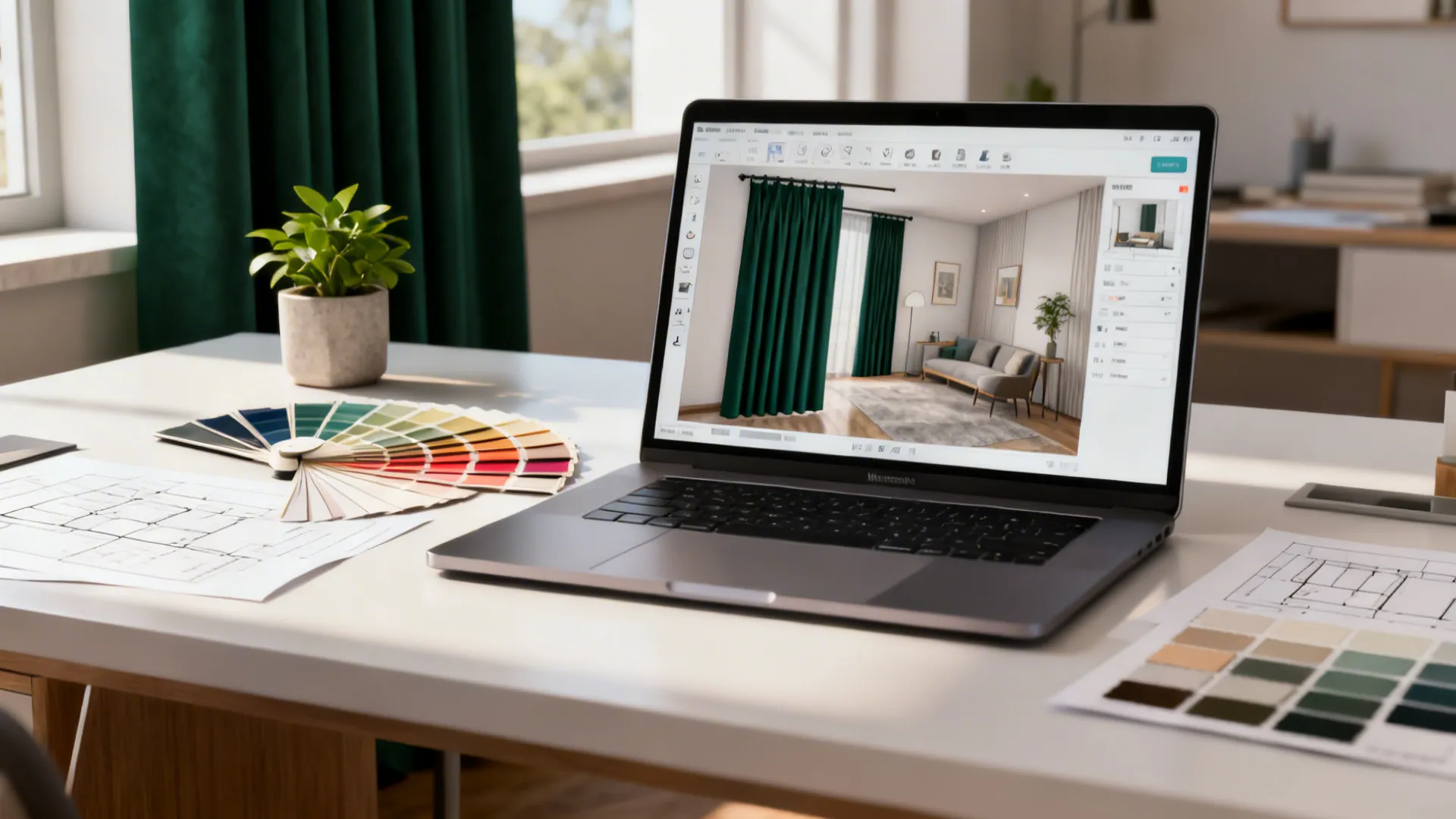 Designer desk with laptop showing a 3D room planner with dark green curtain mockup and fabric swatches.