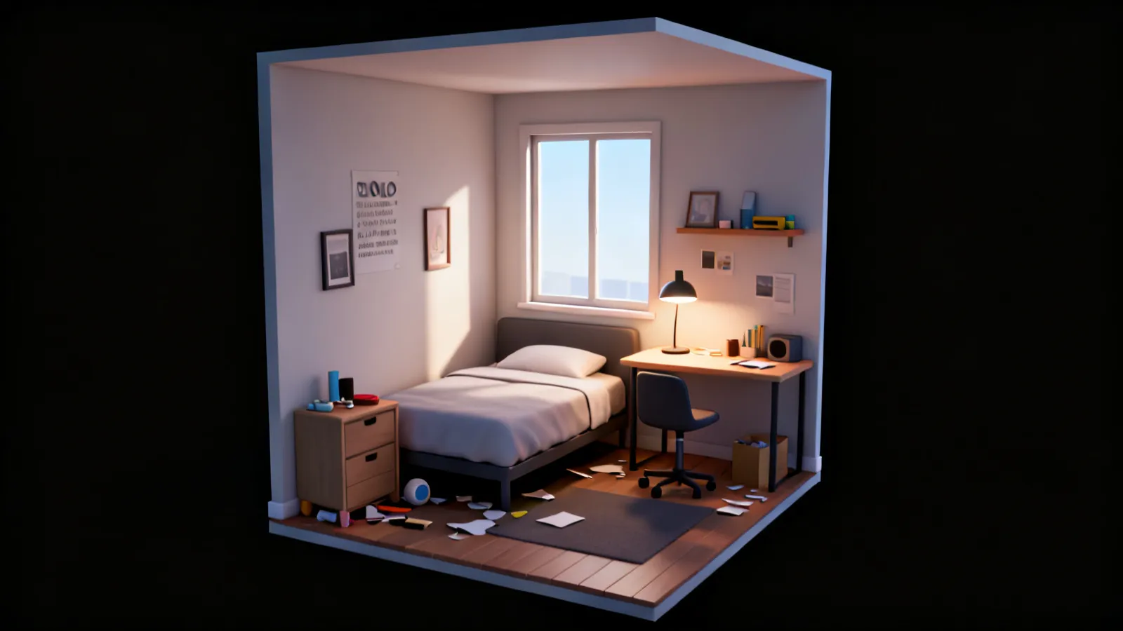 small rendered interior scene created by beginner 3D modeling student
