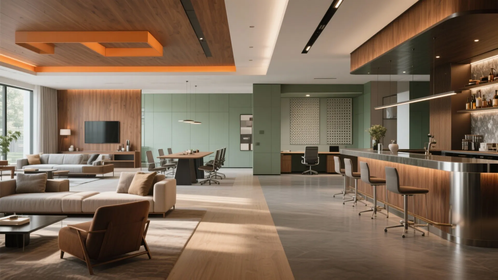 Modern office lounge with grey sofas, meeting table, bar counter, green walls, and orange lighting