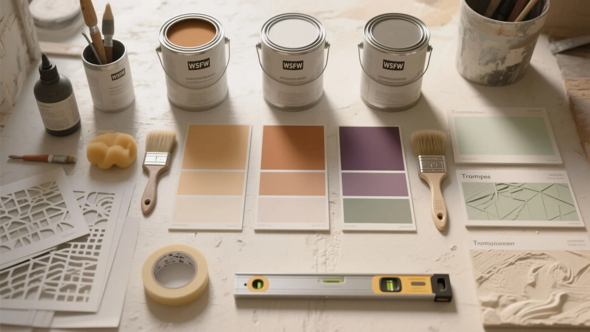 Table with paint cans color swatches brushes masking tape and leveling tool for home renovation