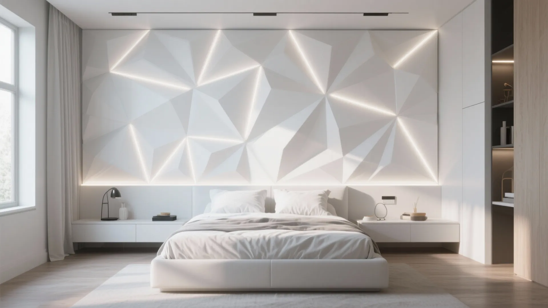 Modern white bedroom with 3D geometric wall panel integrated light strips and minimalist bed furniture