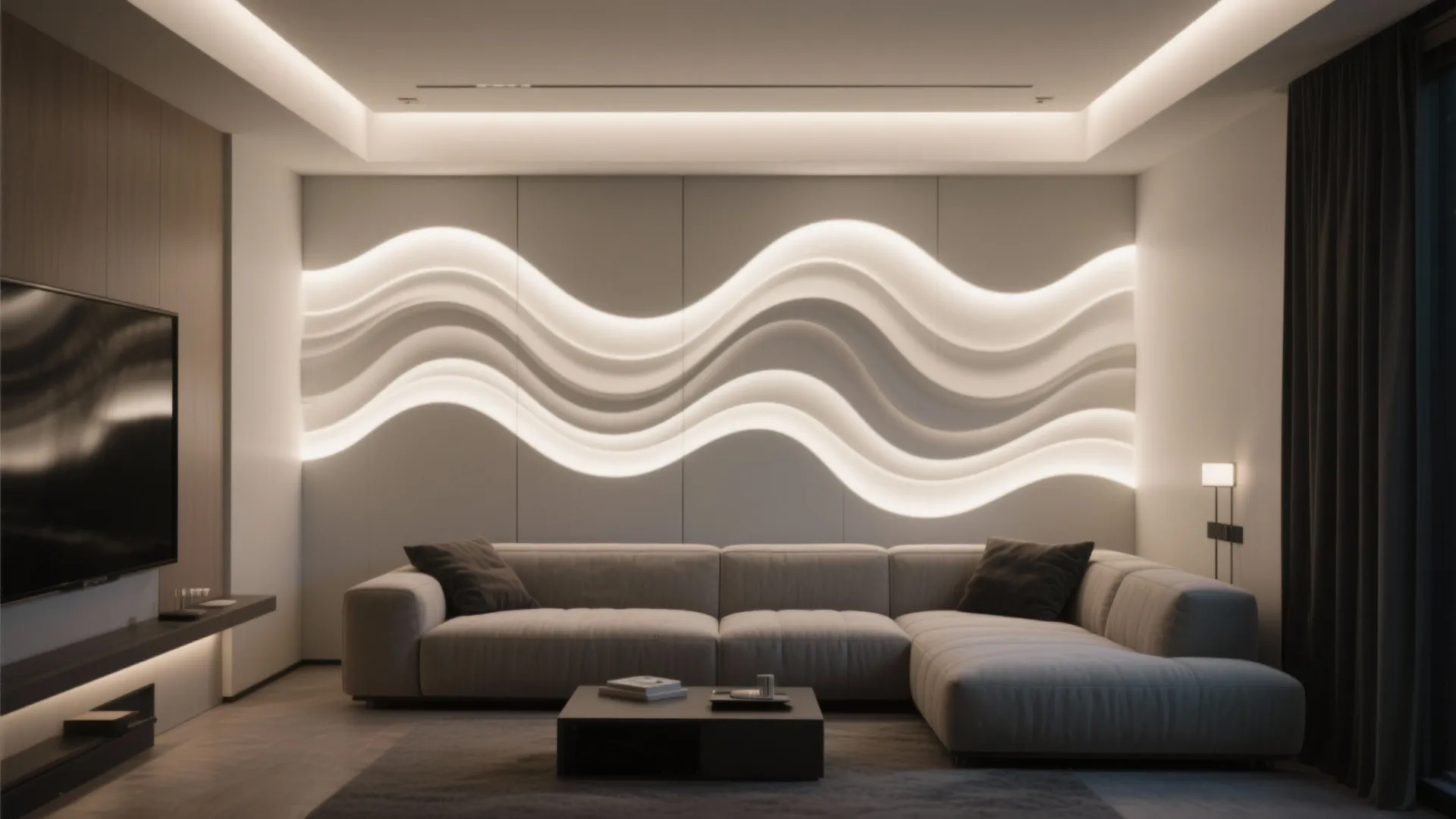 Compact den featuring sculpted 3D wave panels with soft LED wall grazing for subtle depth.