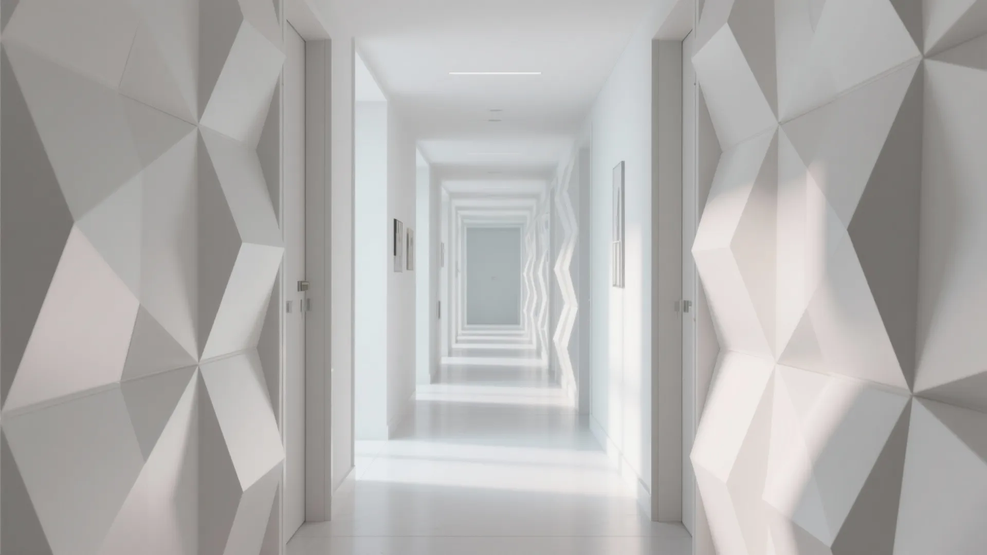 Long white hallway featuring modern geometric three dimensional wall panel designs with bright natural indoor lighting