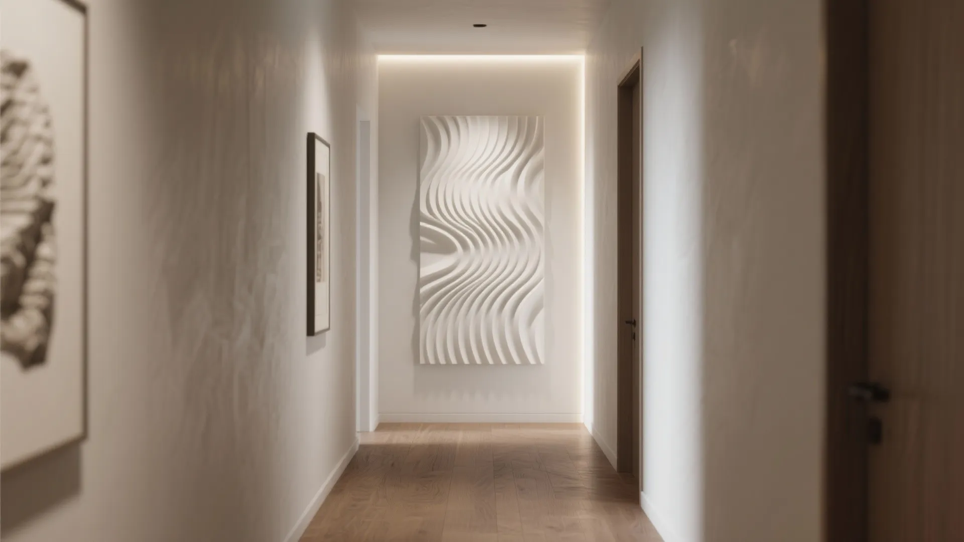 Modern hallway with wooden flooring white walls and a large wavy 3D decorative wall panel