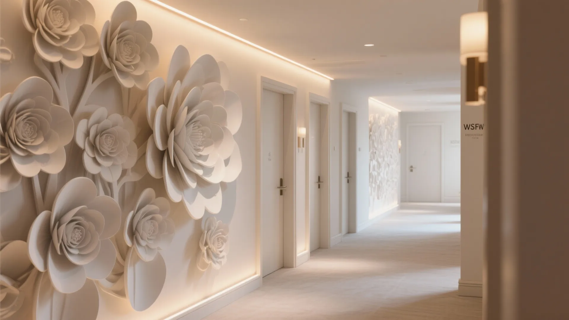 3D Floral Wall Panels with Subtle Lighting in a Hallway